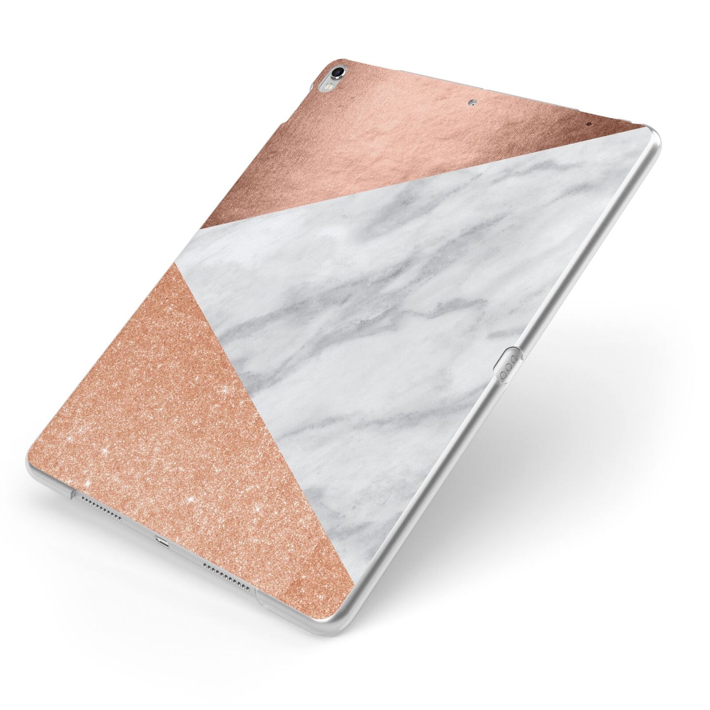 Marble Rose Gold Apple iPad Case on Silver iPad Side View