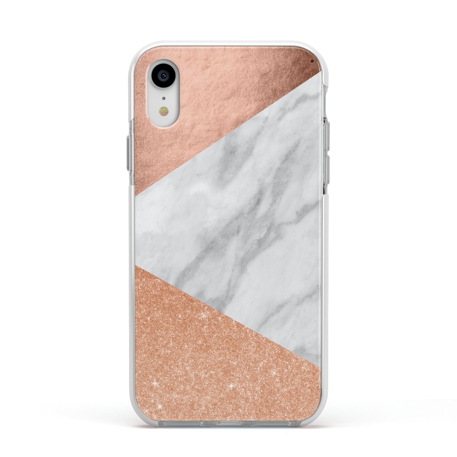 Marble Rose Gold Apple iPhone XR Impact Case White Edge on Silver Phone