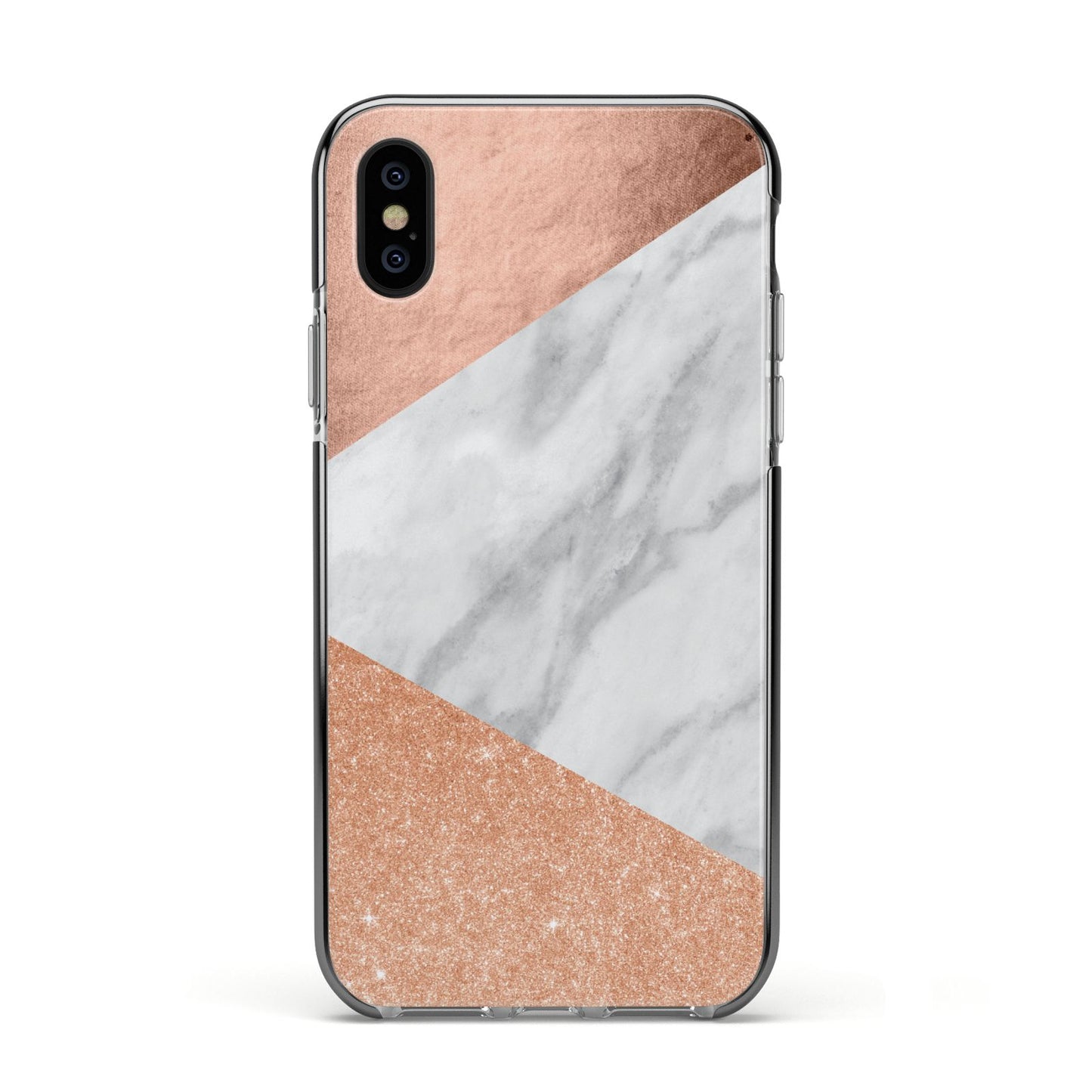 Marble Rose Gold Apple iPhone Xs Impact Case Black Edge on Black Phone