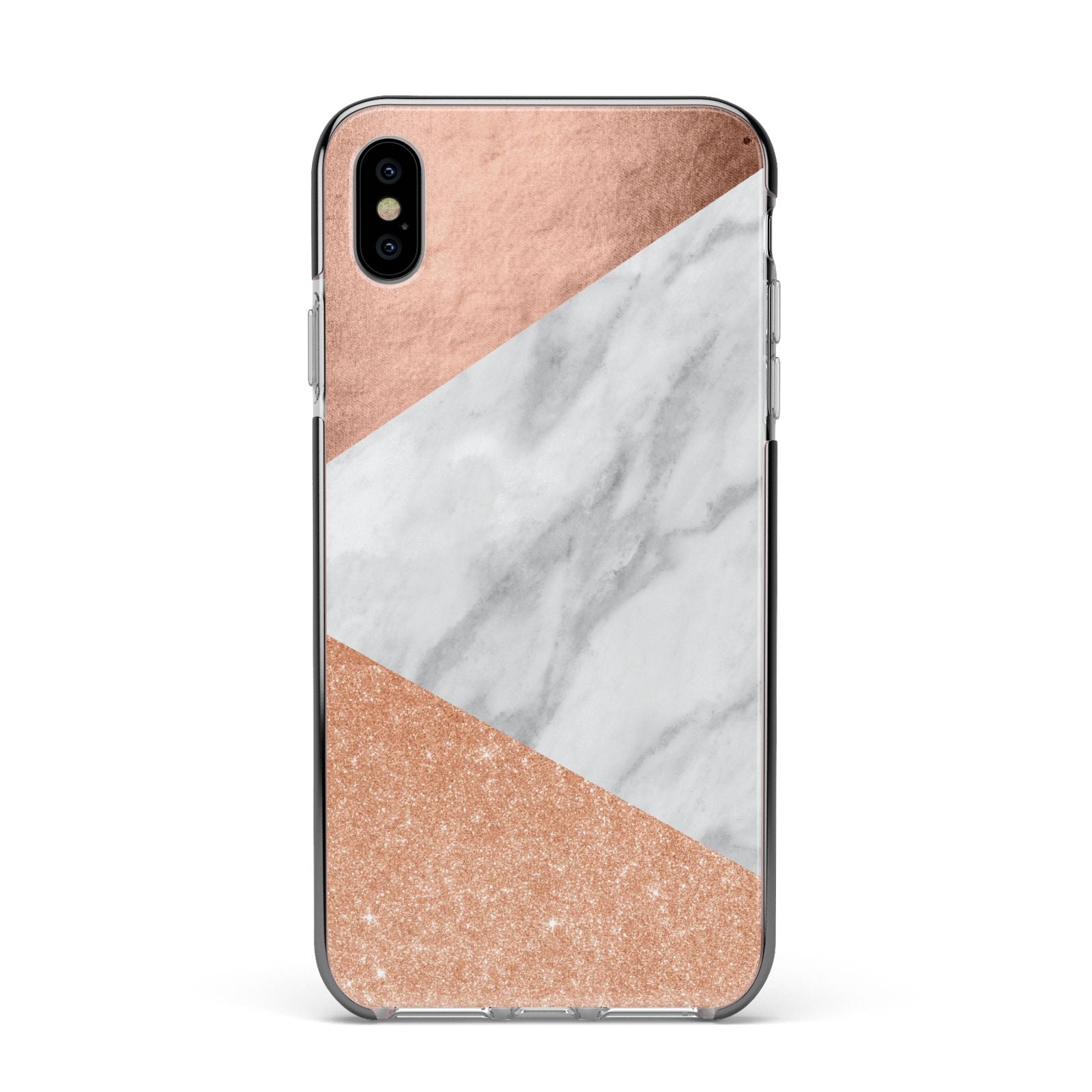 Marble Rose Gold Apple iPhone Xs Max Impact Case Black Edge on Silver Phone