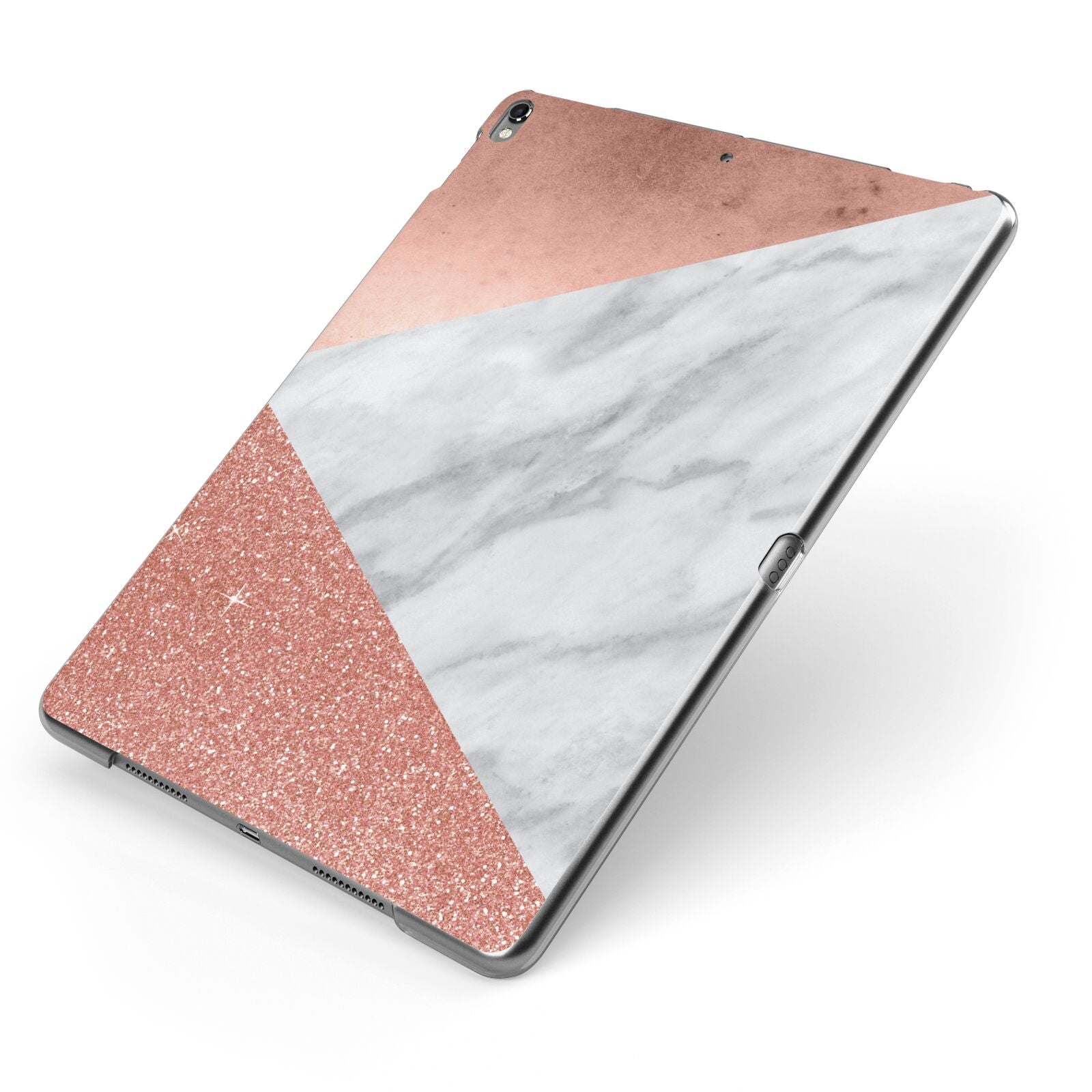 Marble Rose Gold Foil Apple iPad Case on Grey iPad Side View