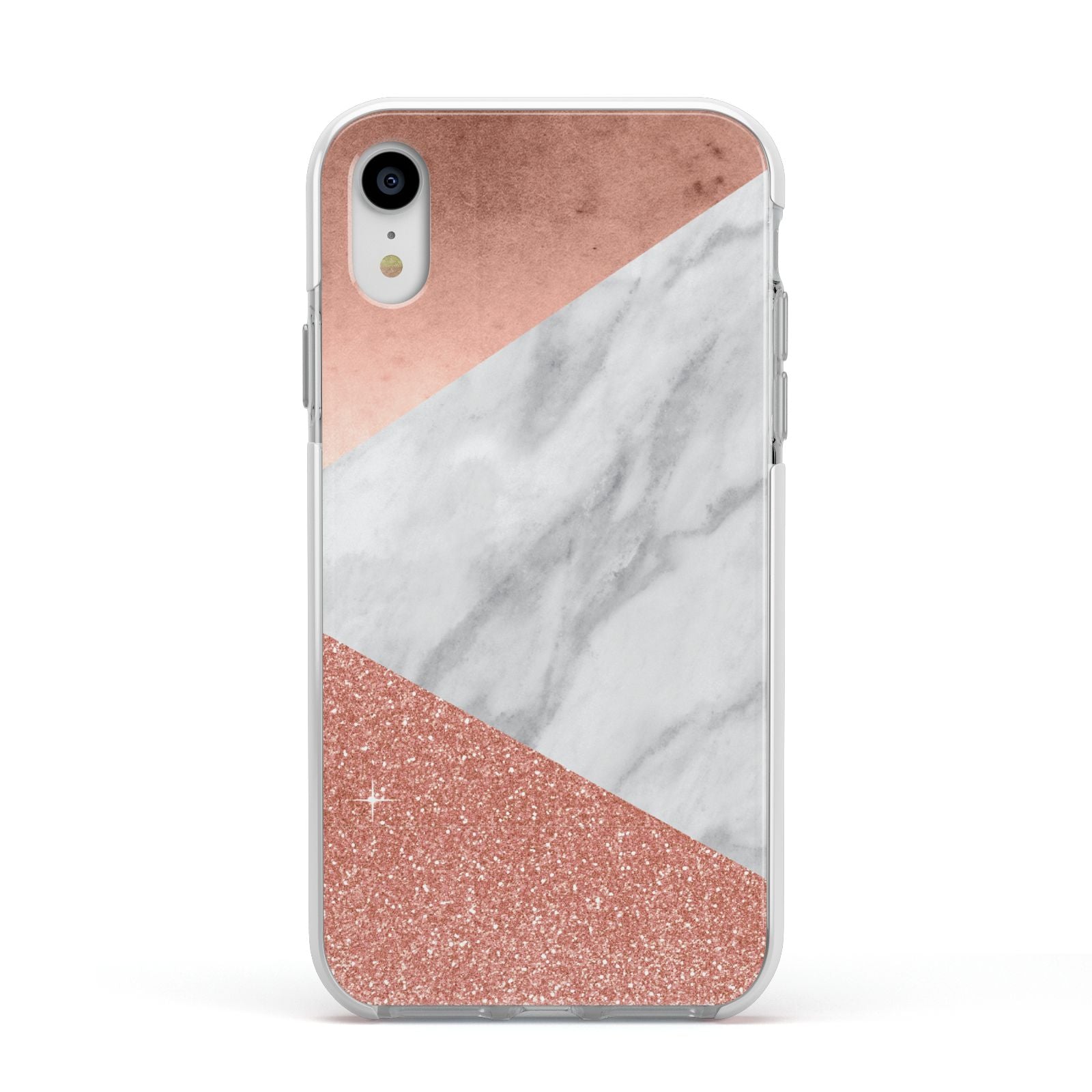 Marble Rose Gold Foil Apple iPhone XR Impact Case White Edge on Silver Phone