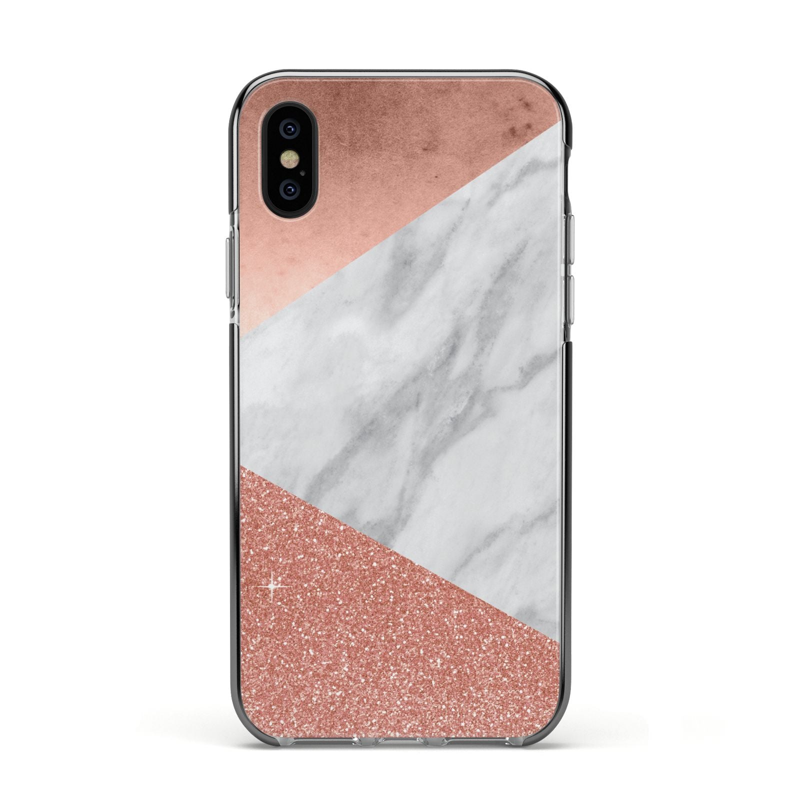 Marble Rose Gold Foil Apple iPhone Xs Impact Case Black Edge on Black Phone