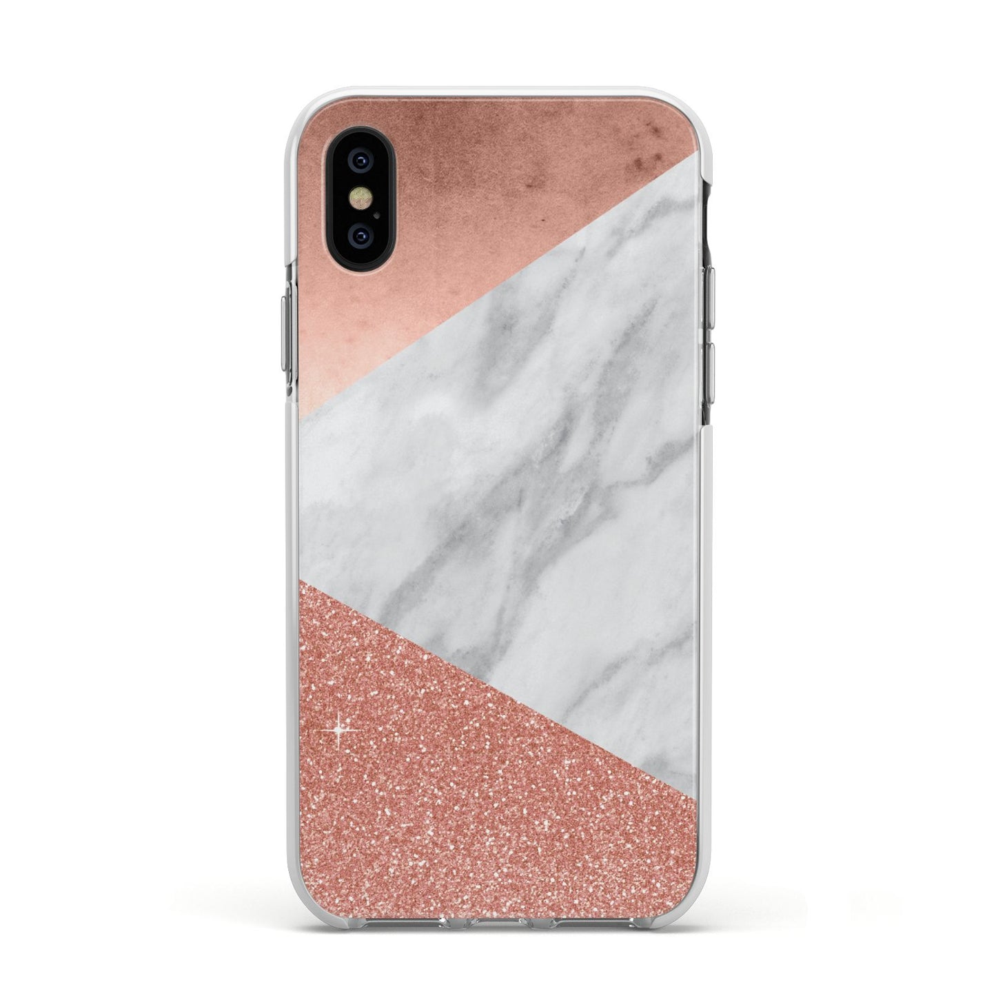 Marble Rose Gold Foil Apple iPhone Xs Impact Case White Edge on Black Phone