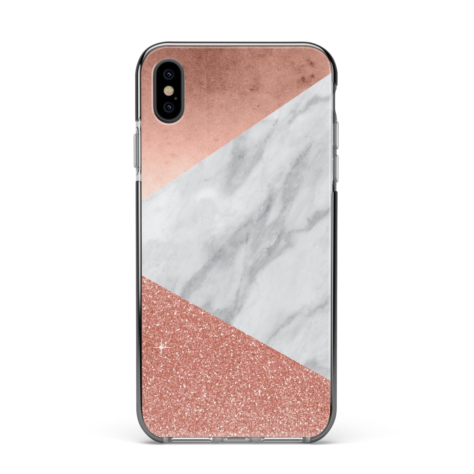 Marble Rose Gold Foil Apple iPhone Xs Max Impact Case Black Edge on Black Phone