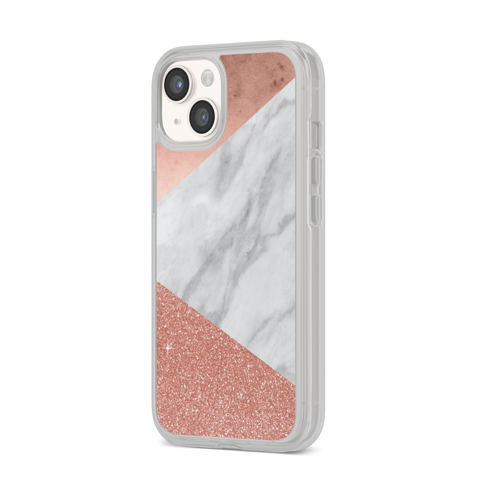 Marble Rose Gold Foil iPhone 14 Clear Tough Case Starlight Angled Image