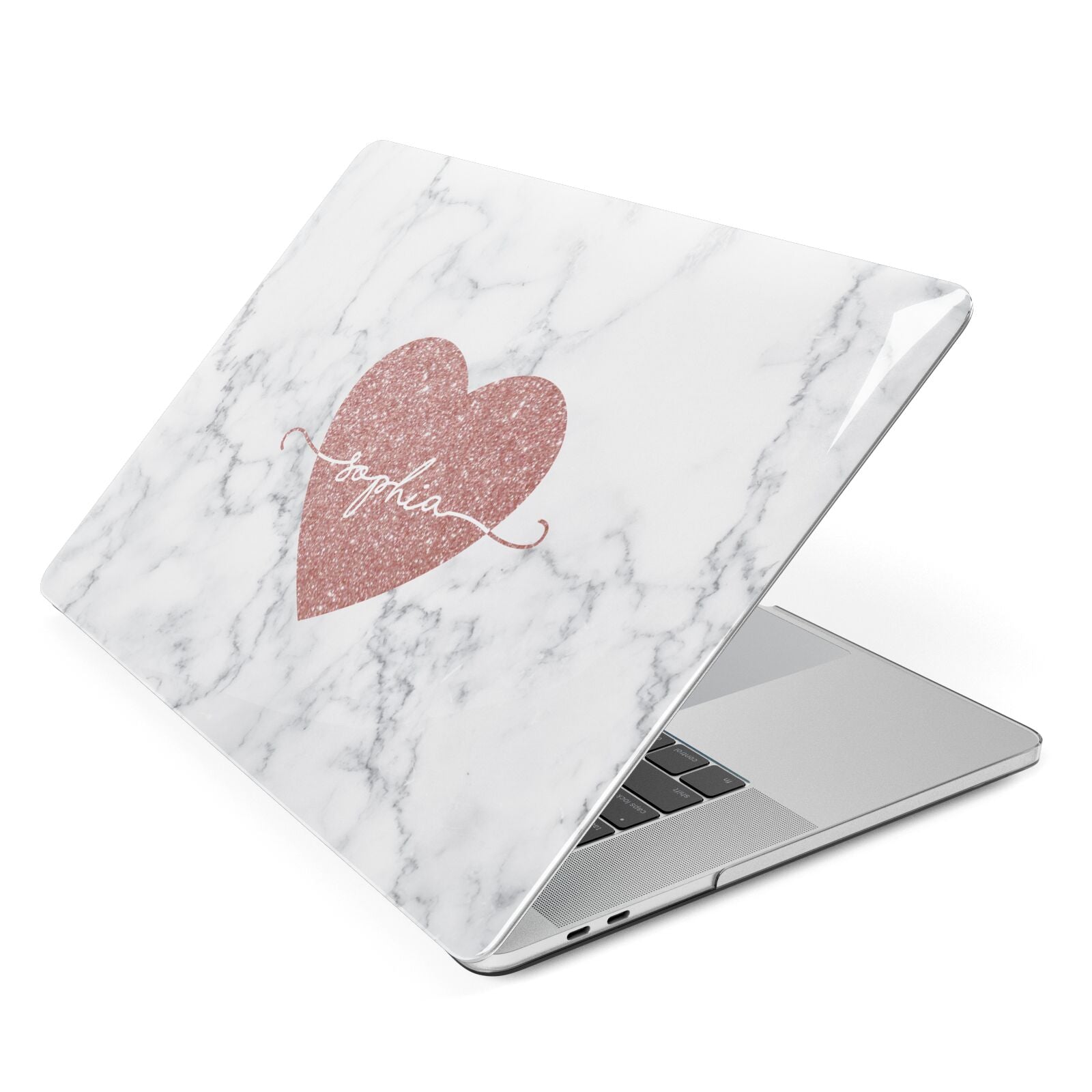 Clear Marble Rose Gold Glitter Heart Personalised Name Apple MacBook Case Side View