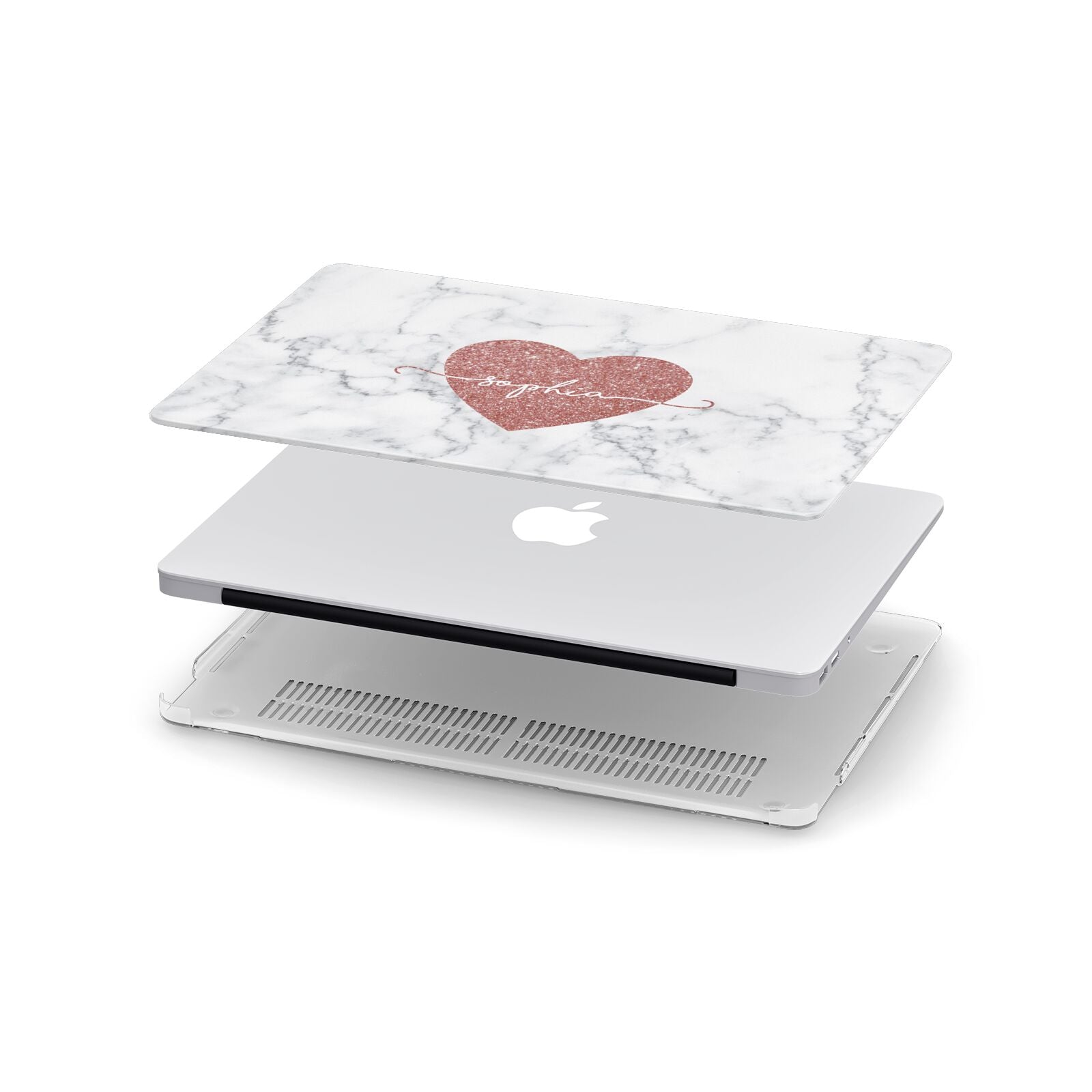 Clear Marble Rose Gold Glitter Heart Personalised Name Apple MacBook Case in Detail