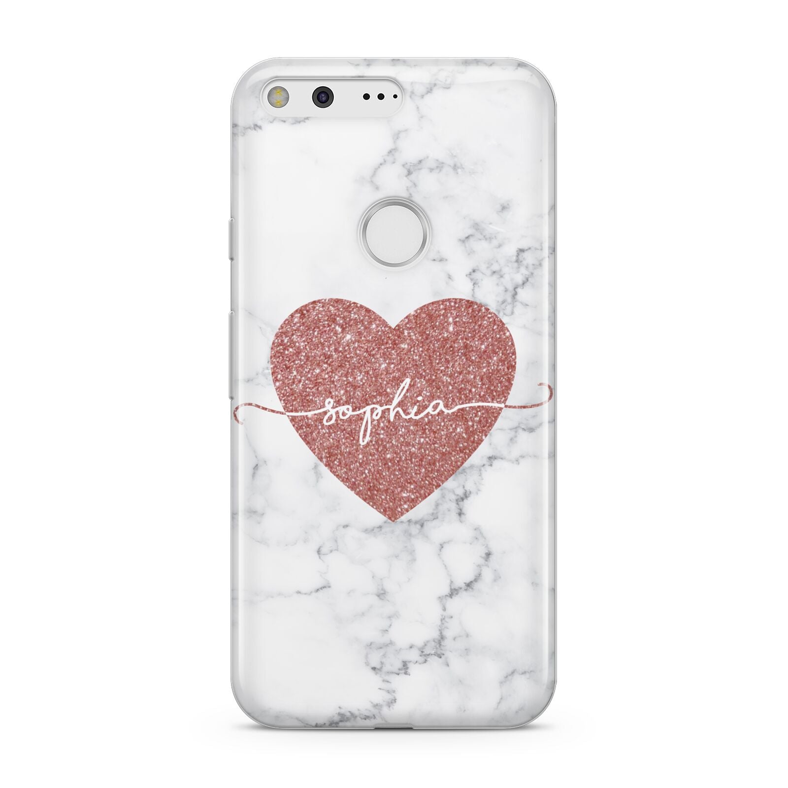 Clear Marble Rose Gold Glitter Heart Personalised Name Google Pixel Case