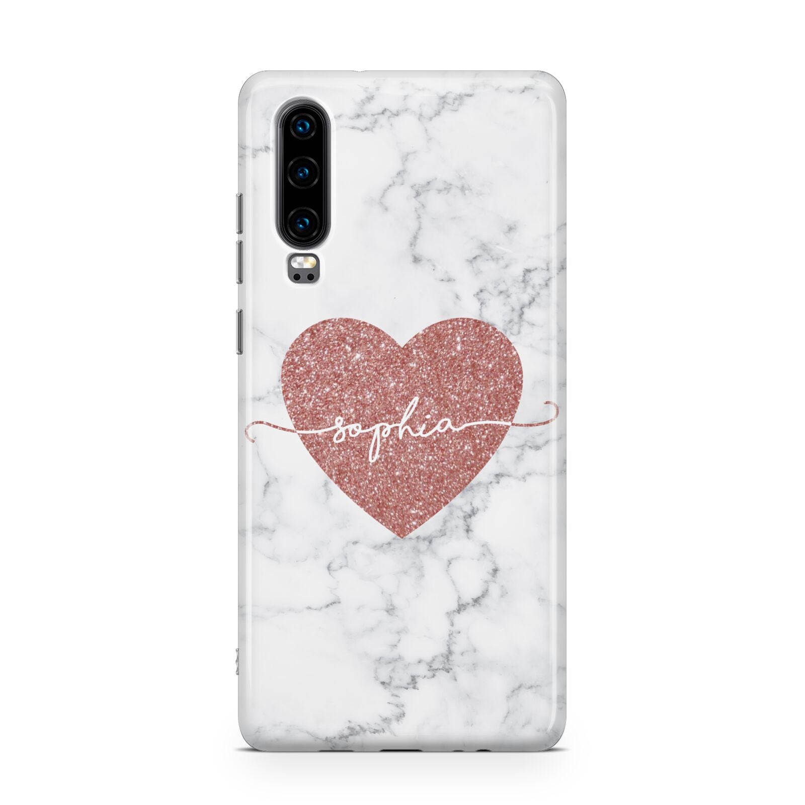 Marble Rose Gold Glitter Heart Personalised Name Huawei P30 Phone Case