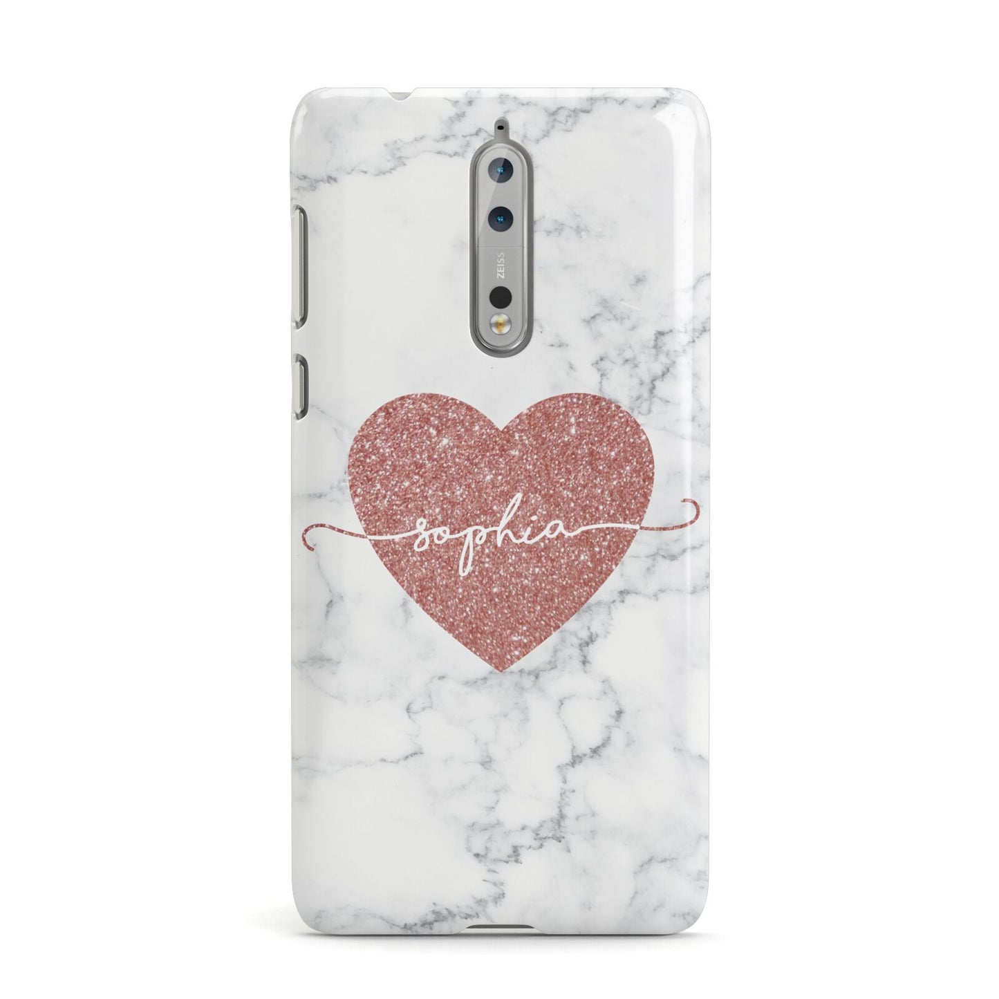 Marble Rose Gold Glitter Heart Personalised Name Nokia Case