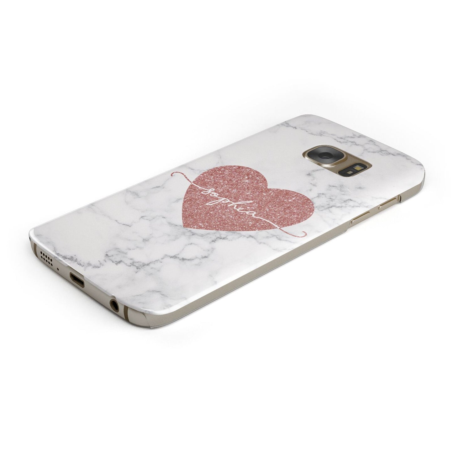 Marble Rose Gold Glitter Heart Personalised Name Protective Samsung Galaxy Case Angled Image