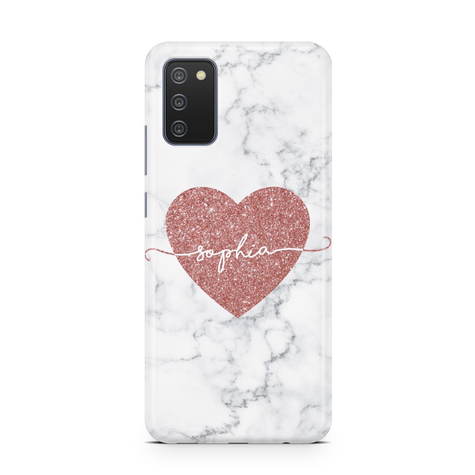 Marble Rose Gold Glitter Heart Personalised Name Samsung A02s Case