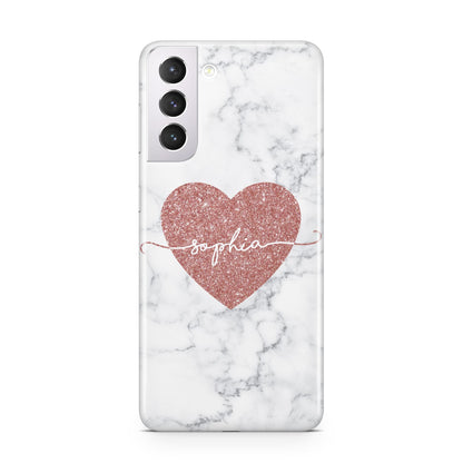 Marble Rose Gold Glitter Heart Personalised Name Samsung S21 Case