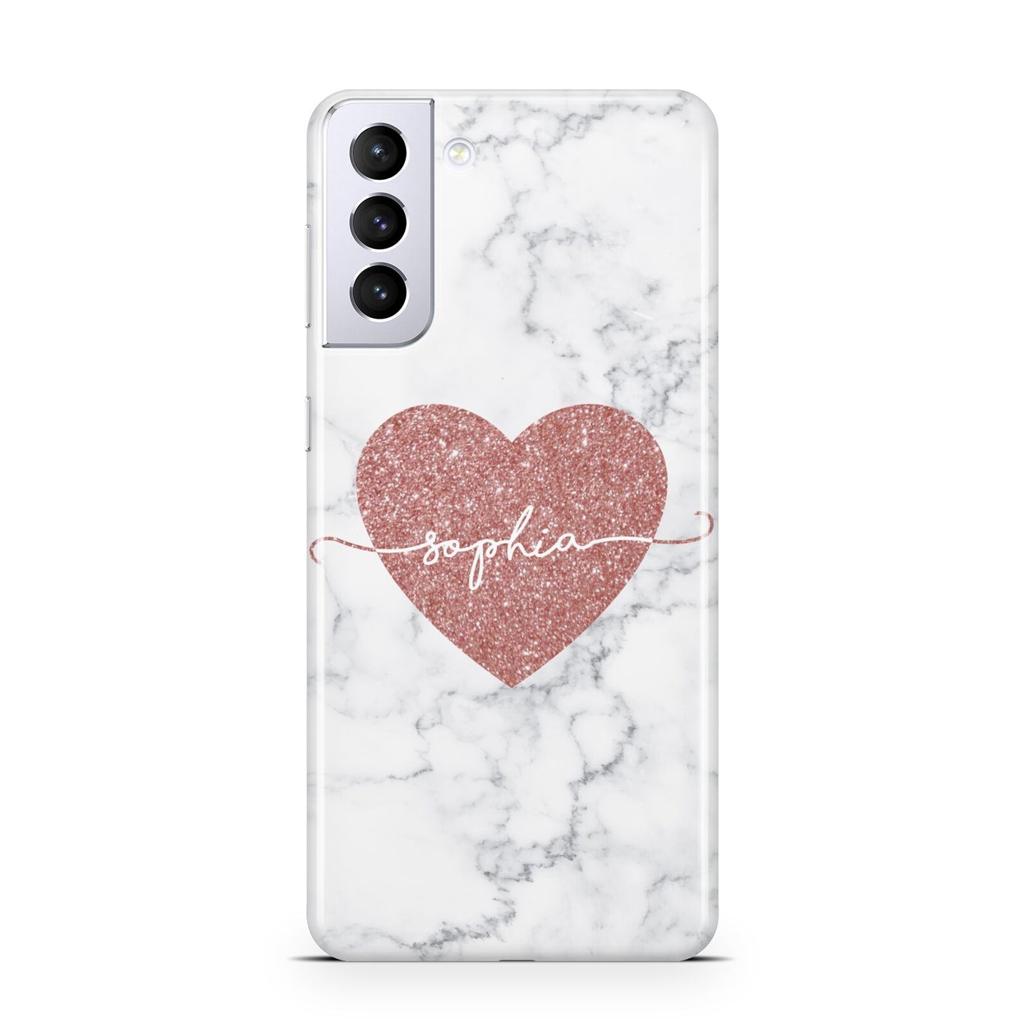 Marble Rose Gold Glitter Heart Personalised Name Samsung S21 Plus Case