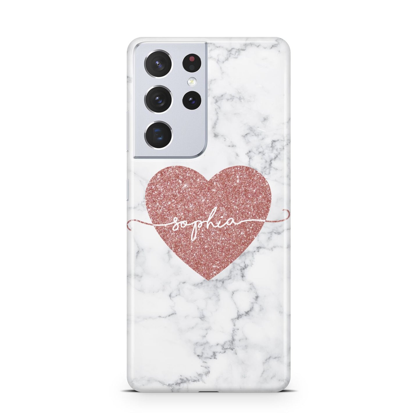 Marble Rose Gold Glitter Heart Personalised Name Samsung S21 Ultra Case