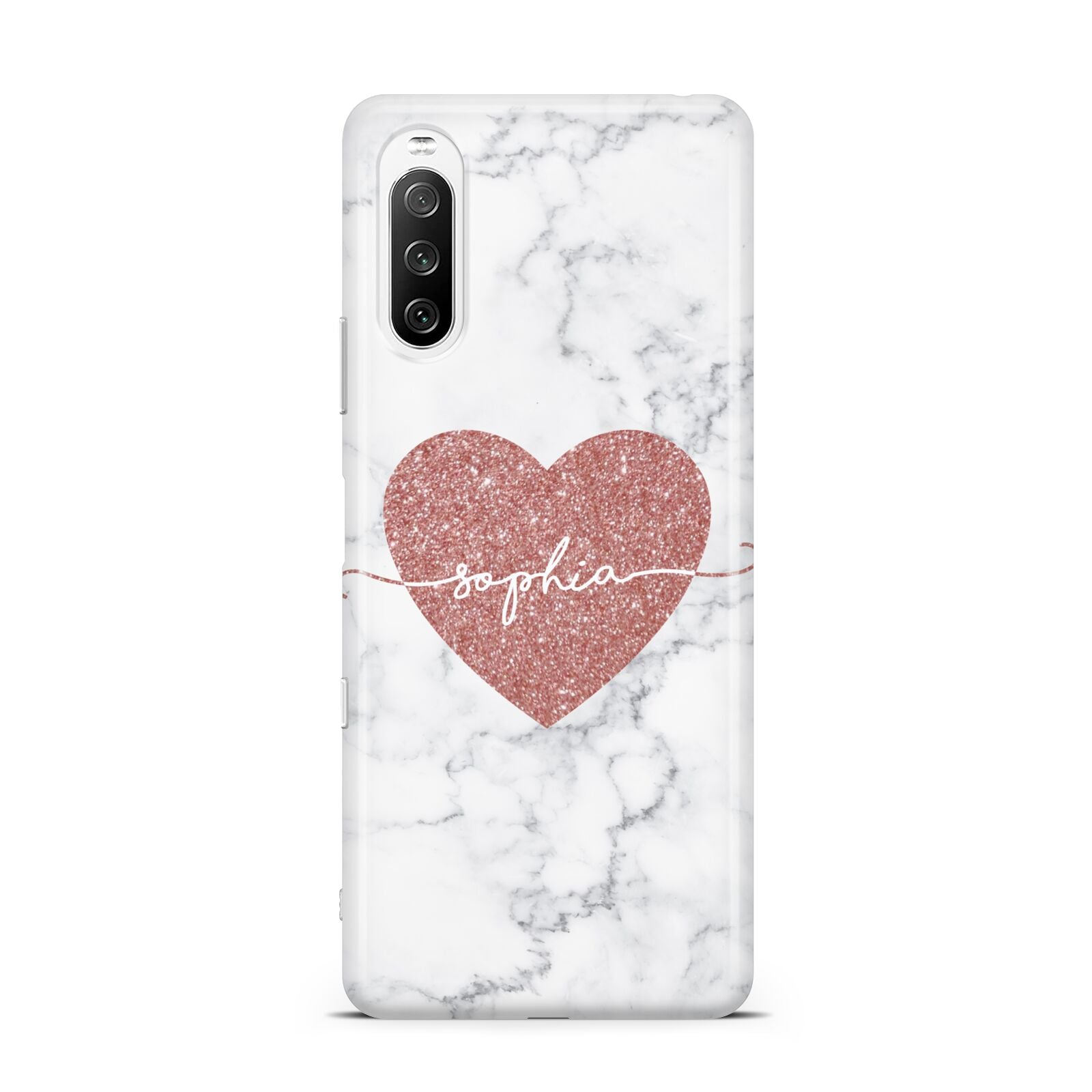 Marble Rose Gold Glitter Heart Personalised Name Sony Xperia 10 III Case