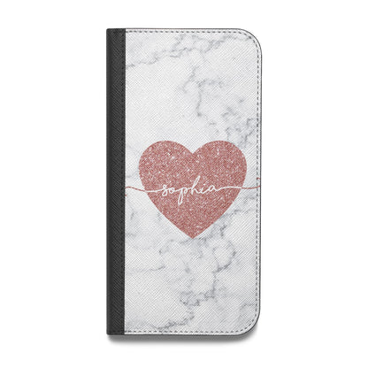 Marble Rose Gold Glitter Heart Personalised Name Vegan Leather Flip iPhone Case