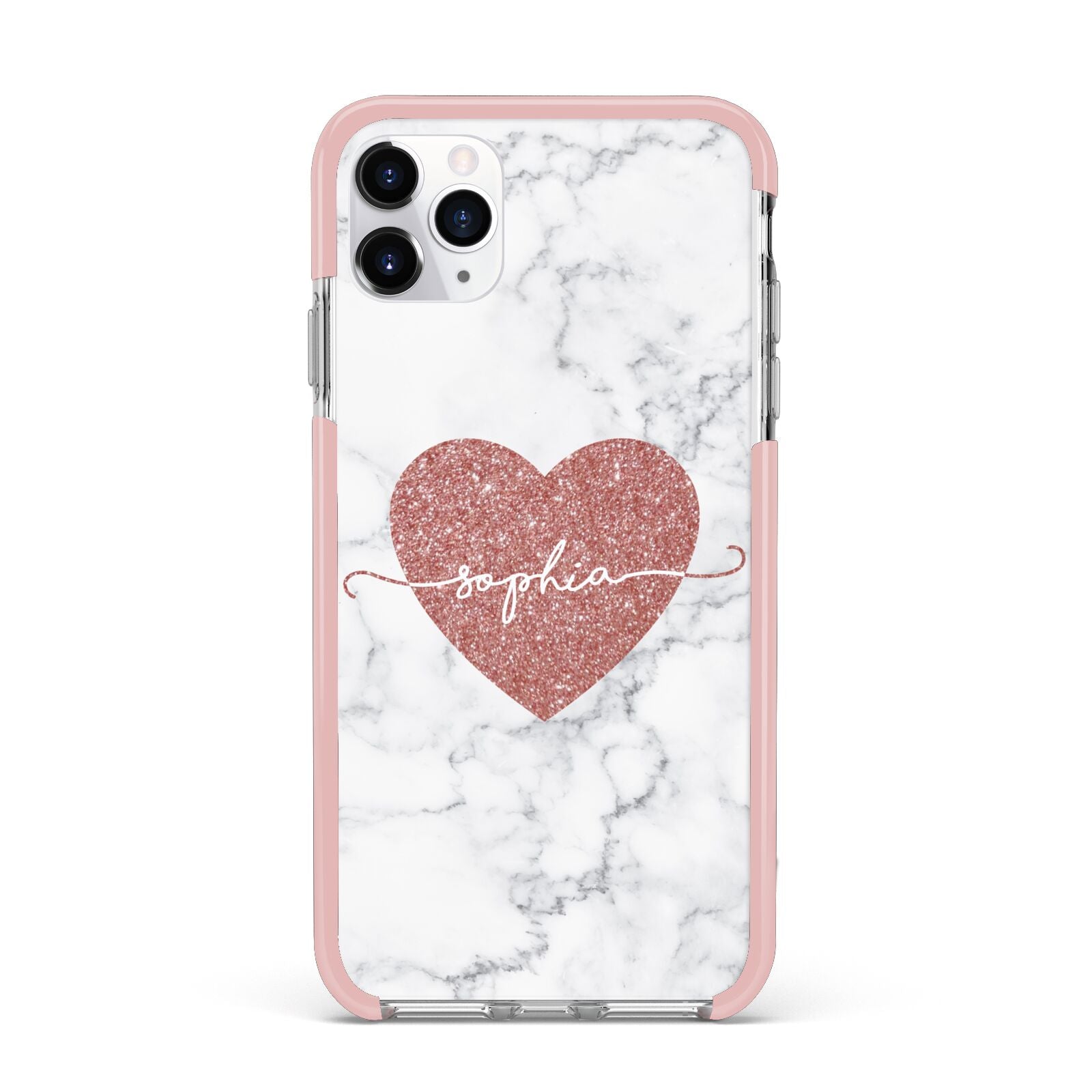 Marble Rose Gold Glitter Heart Personalised Name iPhone 11 Pro Max Impact Pink Edge Case