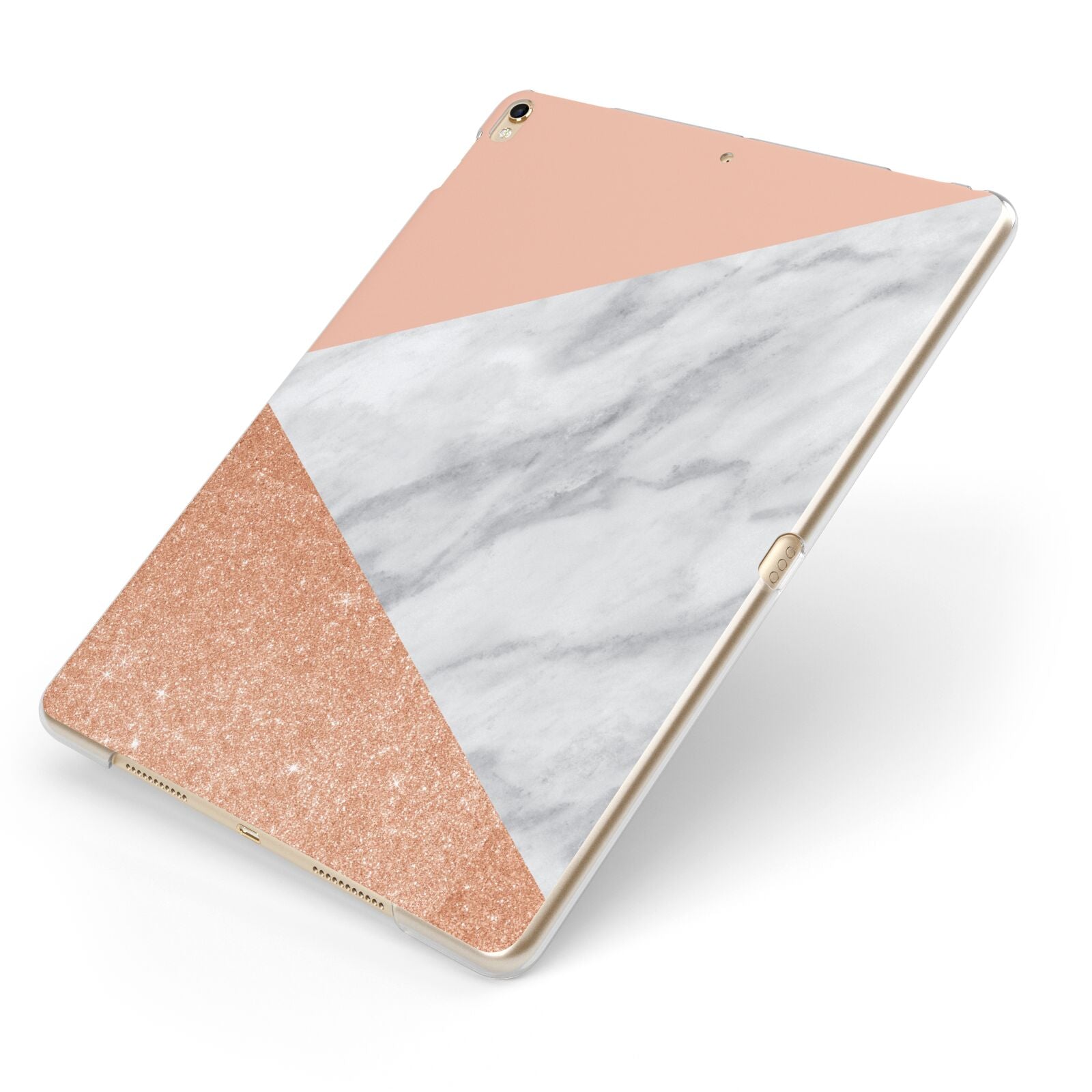 Marble Rose Gold Pink Apple iPad Case on Gold iPad Side View