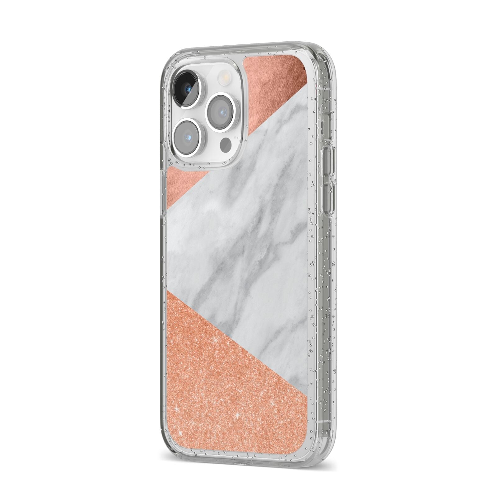 Marble Rose Gold iPhone 14 Pro Max Glitter Tough Case Silver Angled Image