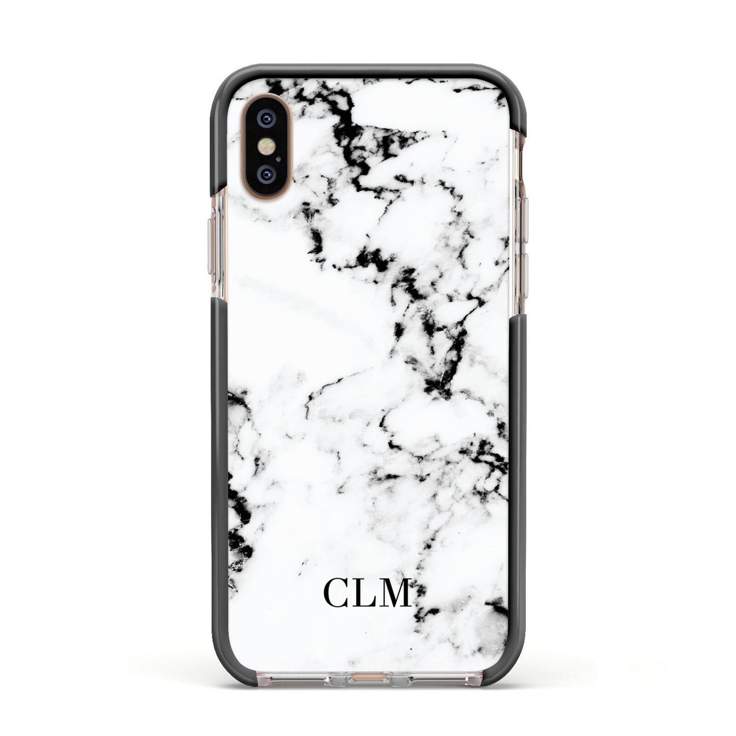 Marble Small Initials Personalised Apple iPhone Xs Impact Case Black Edge on Gold Phone