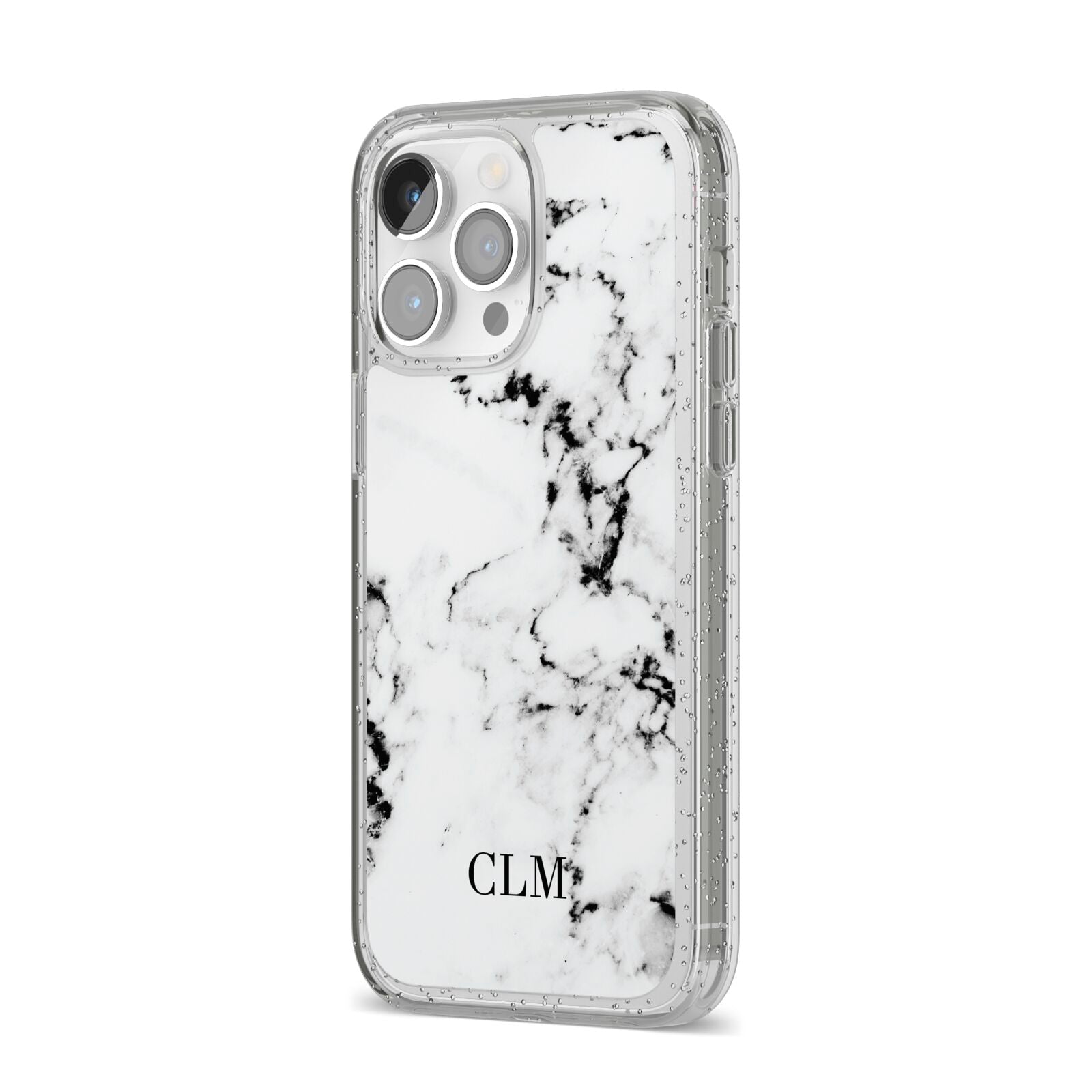 Marble Small Initials Personalised iPhone 14 Pro Max Glitter Tough Case Silver Angled Image