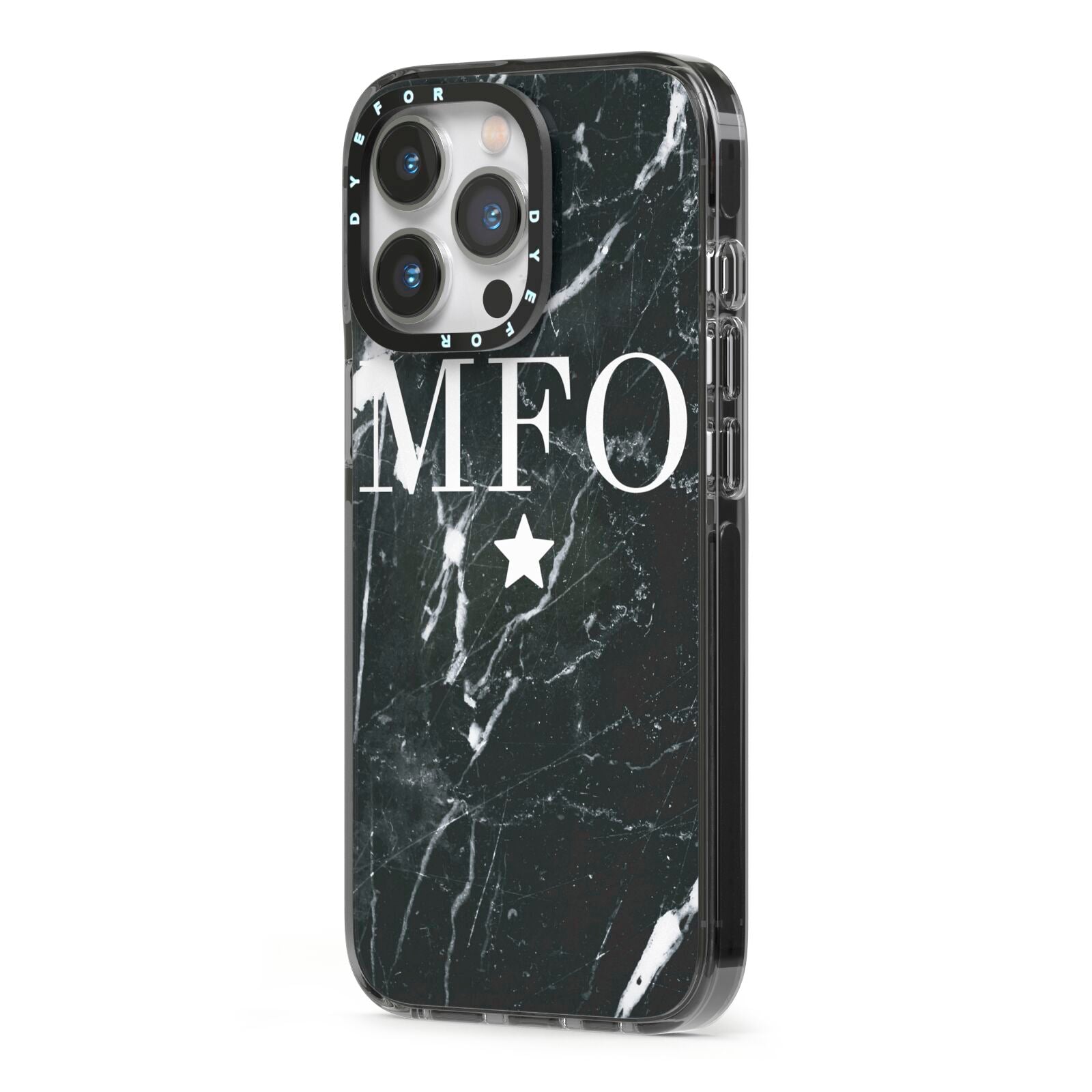 Marble Star Initials Personalised iPhone 13 Pro Black Impact Case Side Angle on Silver phone