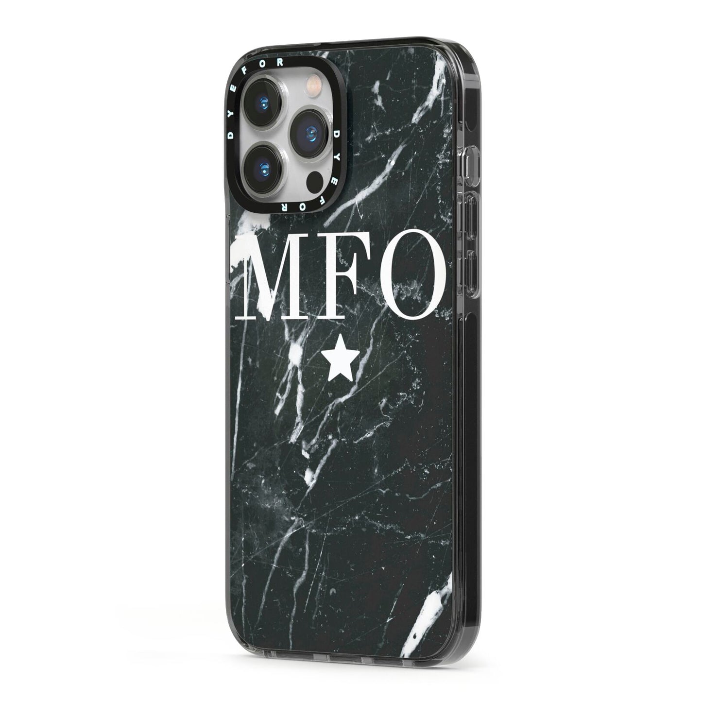 Marble Star Initials Personalised iPhone 13 Pro Max Black Impact Case Side Angle on Silver phone