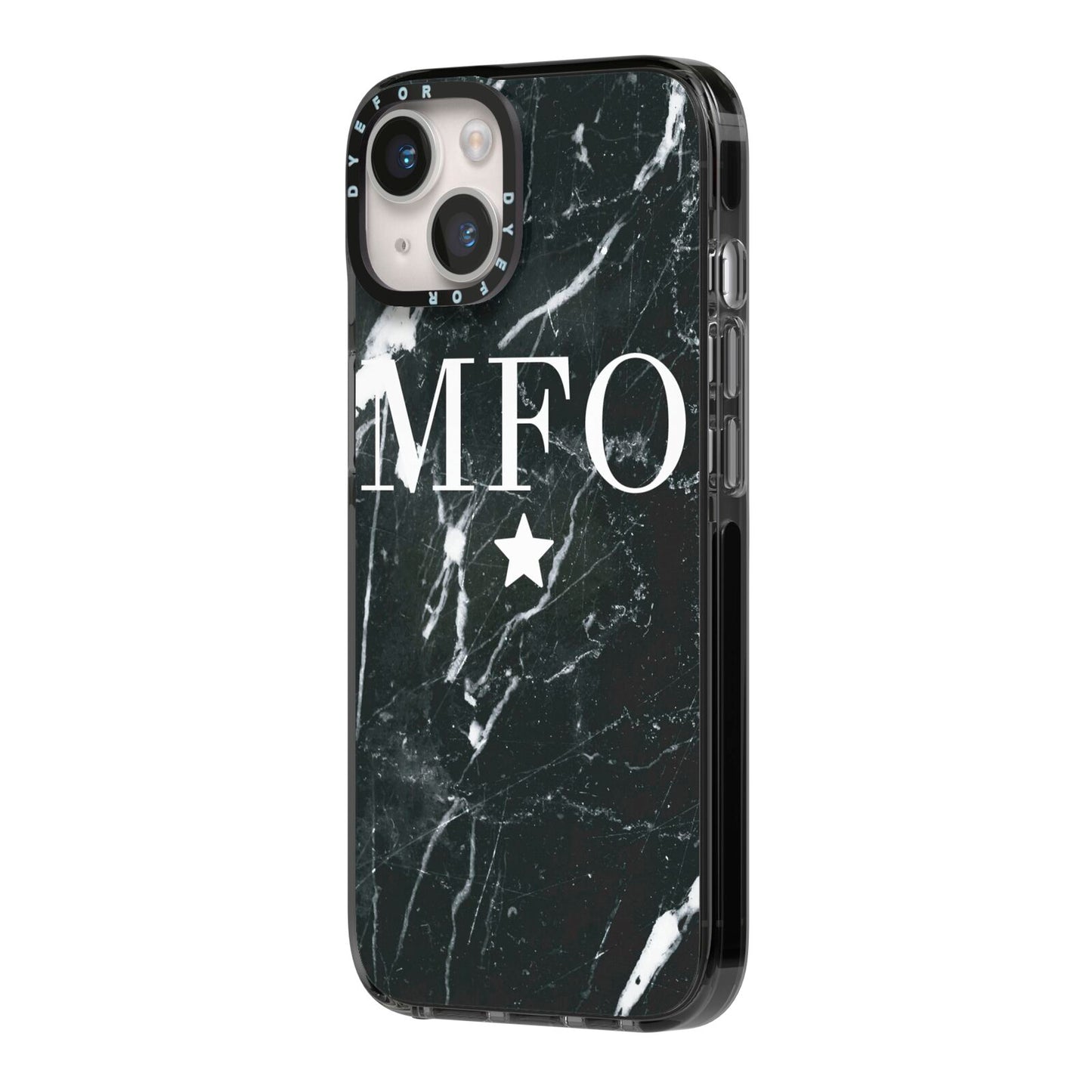 Marble Star Initials Personalised iPhone 14 Black Impact Case Side Angle on Silver phone