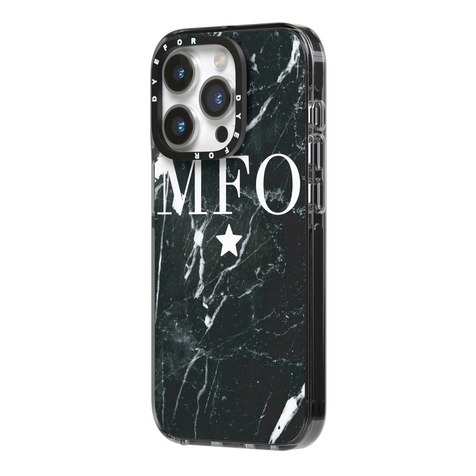 Marble Star Initials Personalised iPhone 14 Pro Black Impact Case Side Angle on Silver phone