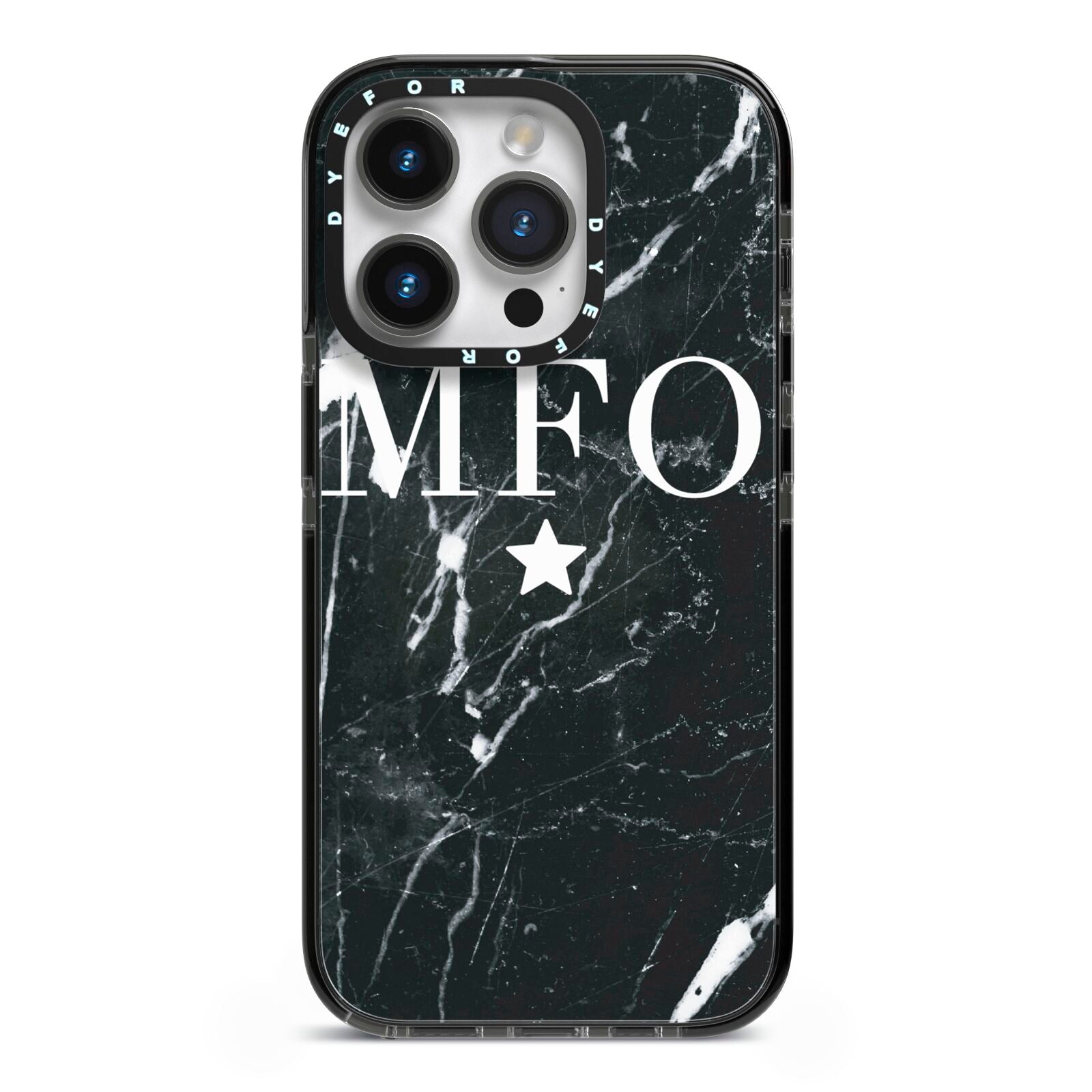 Marble Star Initials Personalised iPhone 14 Pro Black Impact Case on Silver phone