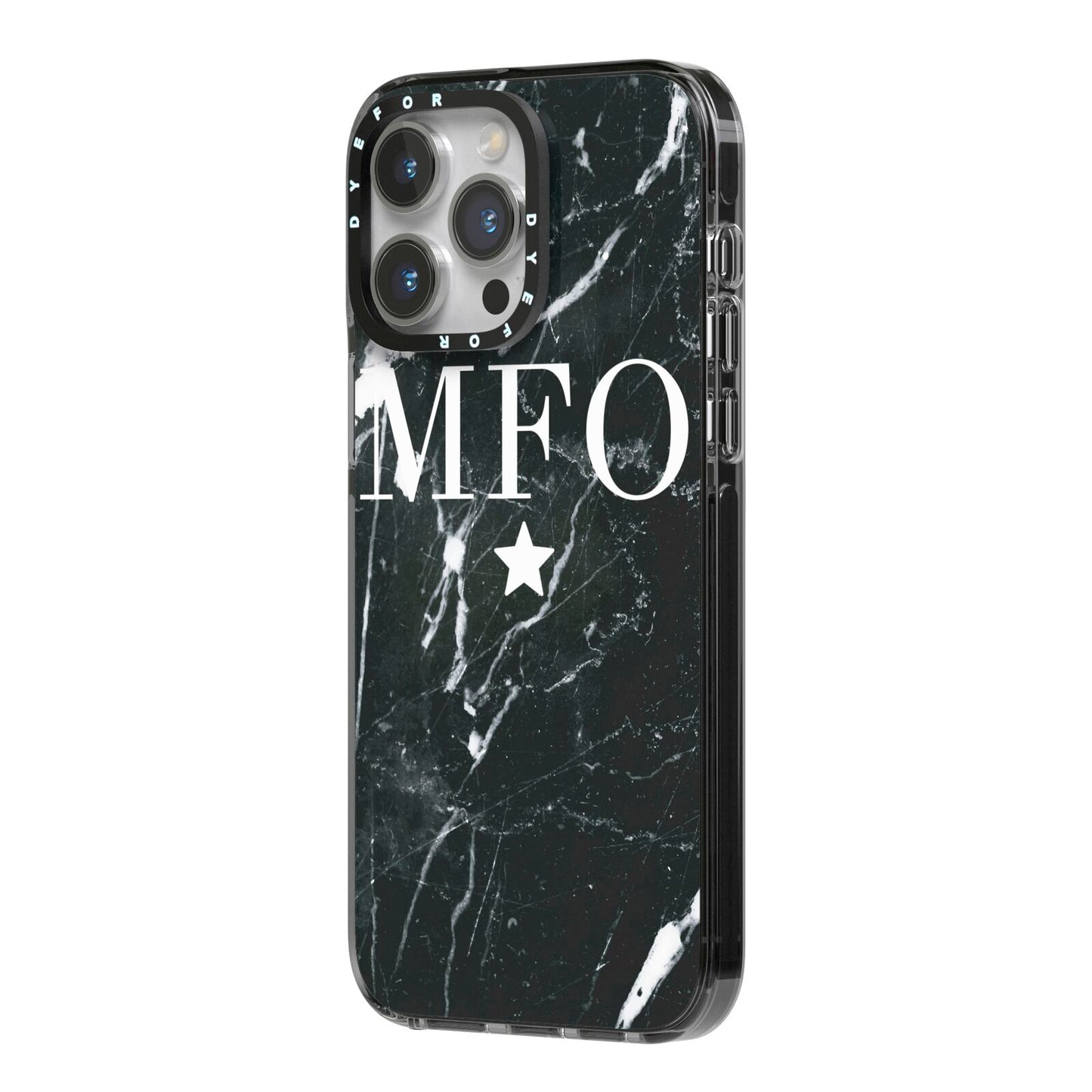 Marble Star Initials Personalised iPhone 14 Pro Max Black Impact Case Side Angle on Silver phone