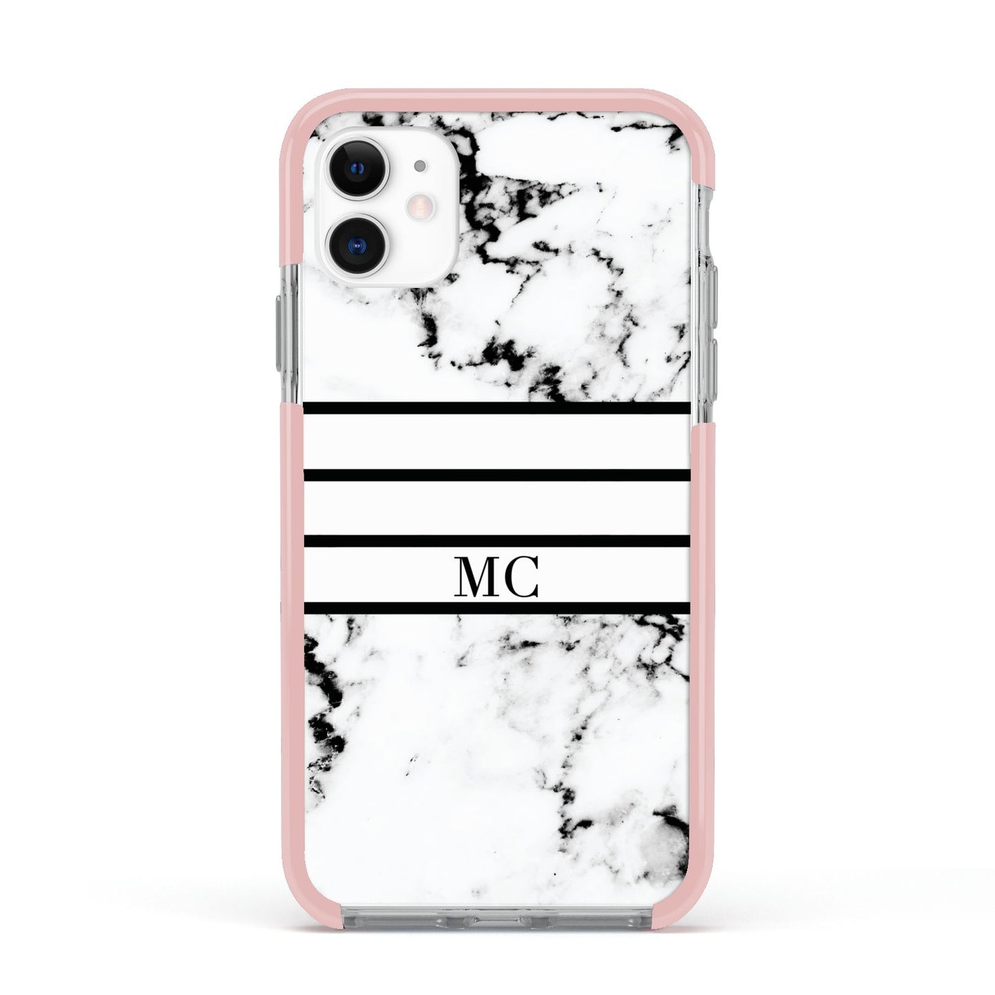 Marble Stripes Initials Personalised Apple iPhone 11 in White with Pink Impact Case
