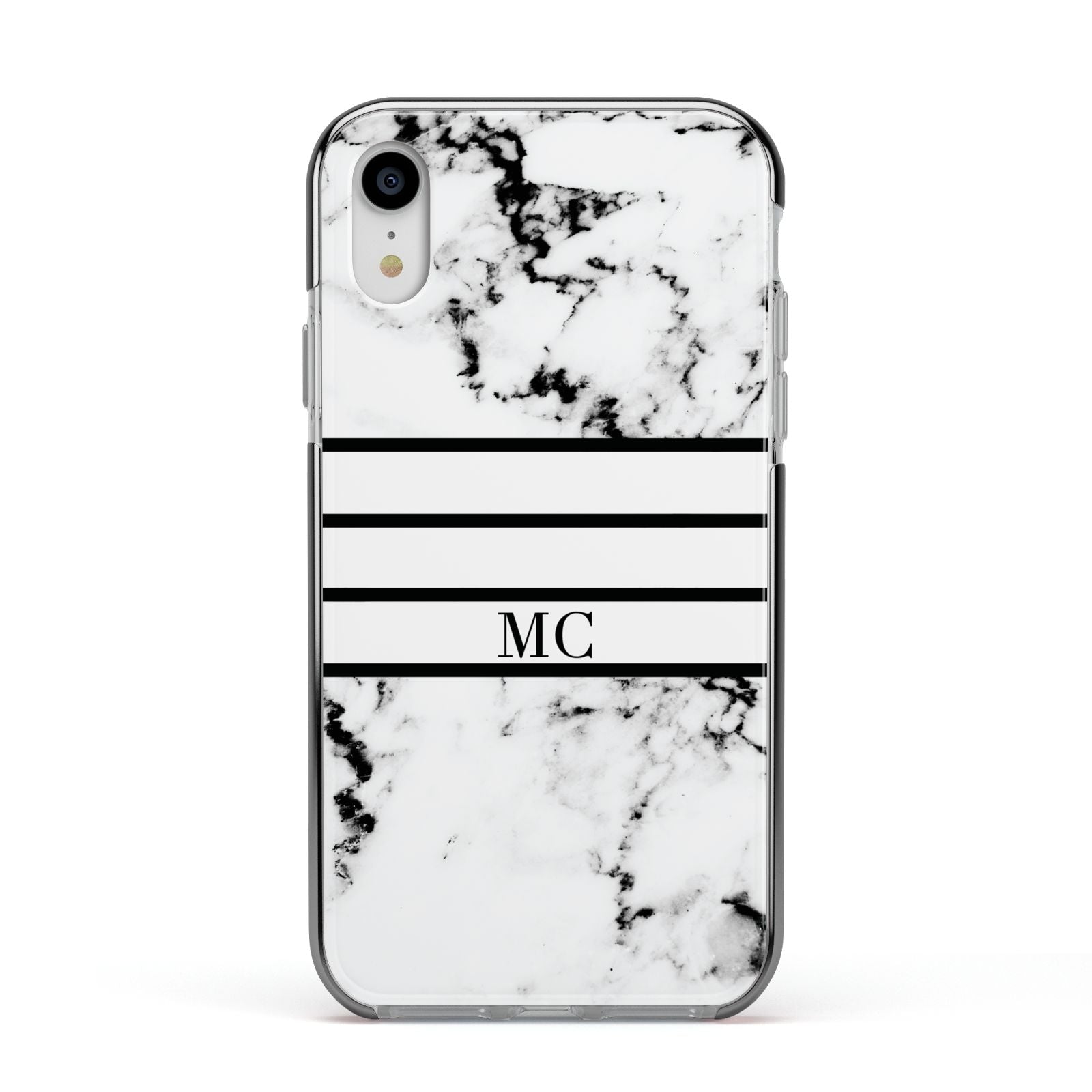 Marble Stripes Initials Personalised Apple iPhone XR Impact Case Black Edge on Silver Phone