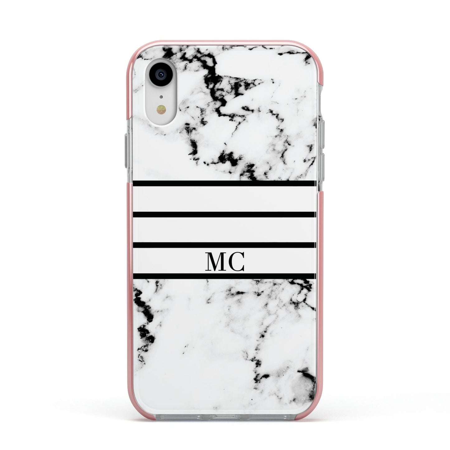 Marble Stripes Initials Personalised Apple iPhone XR Impact Case Pink Edge on Silver Phone