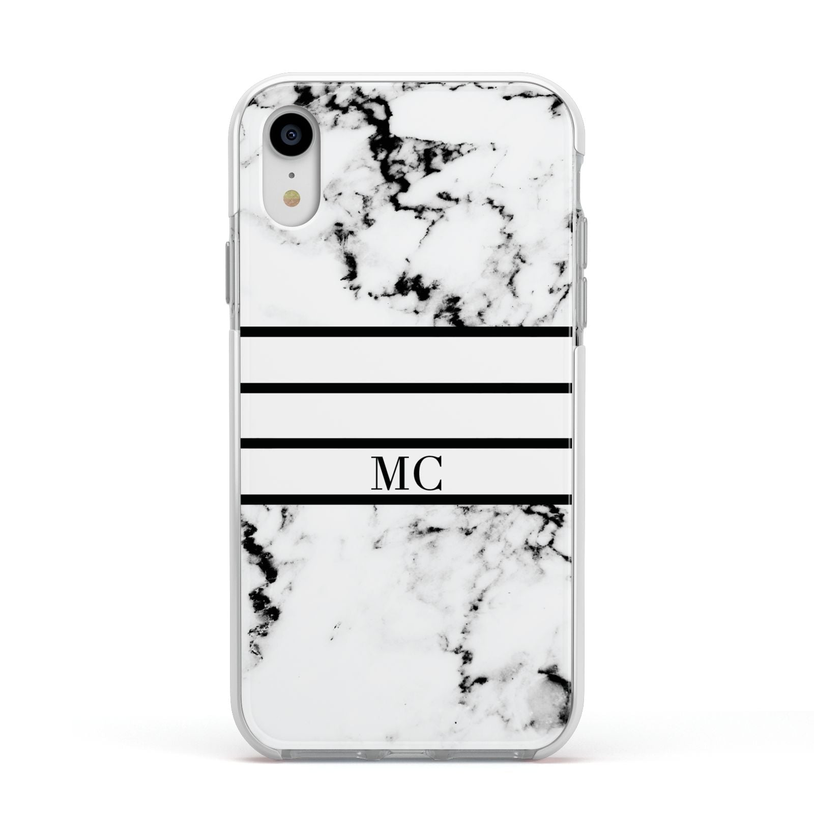Marble Stripes Initials Personalised Apple iPhone XR Impact Case White Edge on Silver Phone