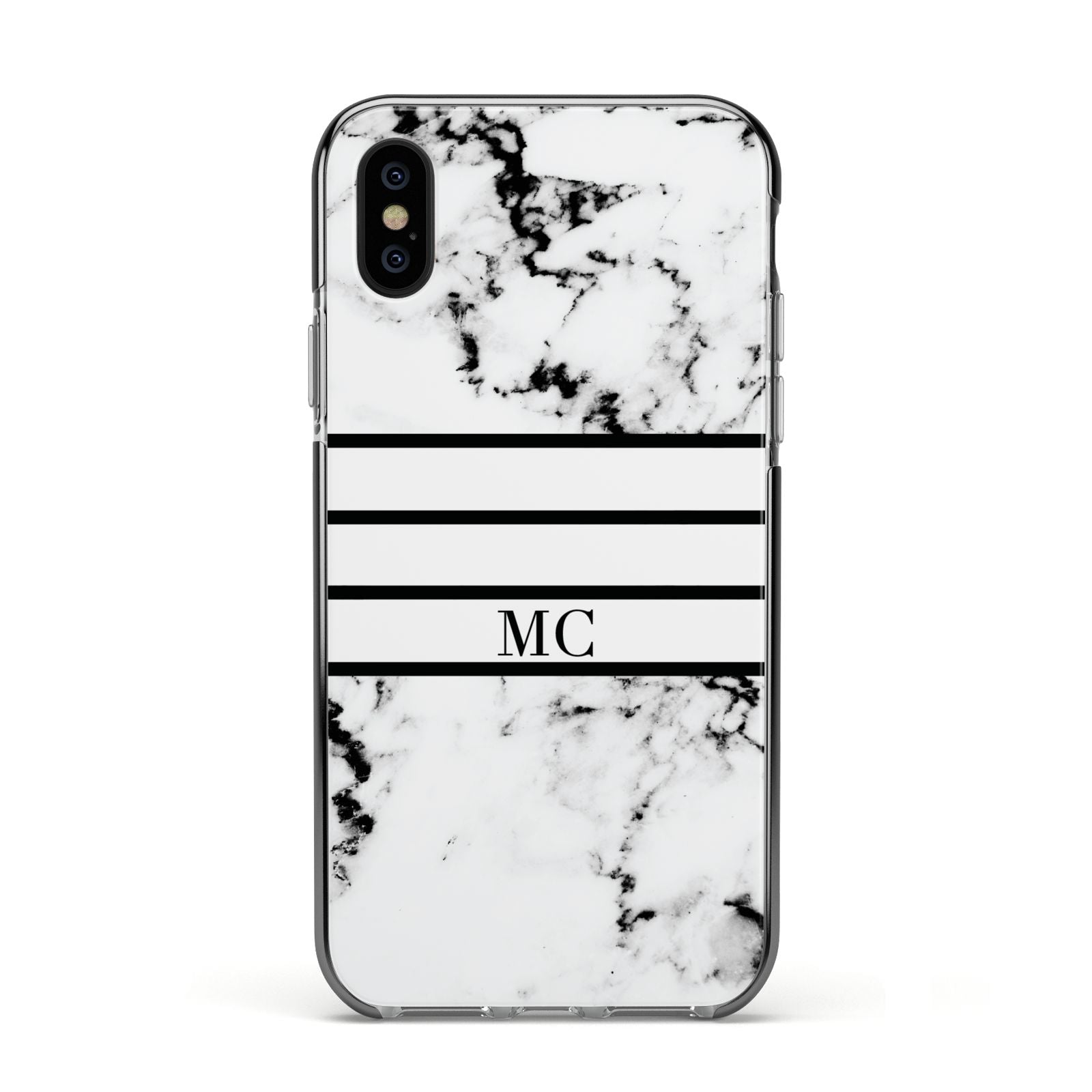 Marble Stripes Initials Personalised Apple iPhone Xs Impact Case Black Edge on Black Phone