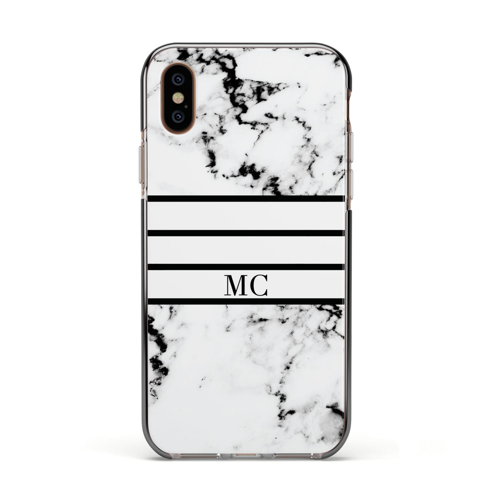 Marble Stripes Initials Personalised Apple iPhone Xs Impact Case Black Edge on Gold Phone