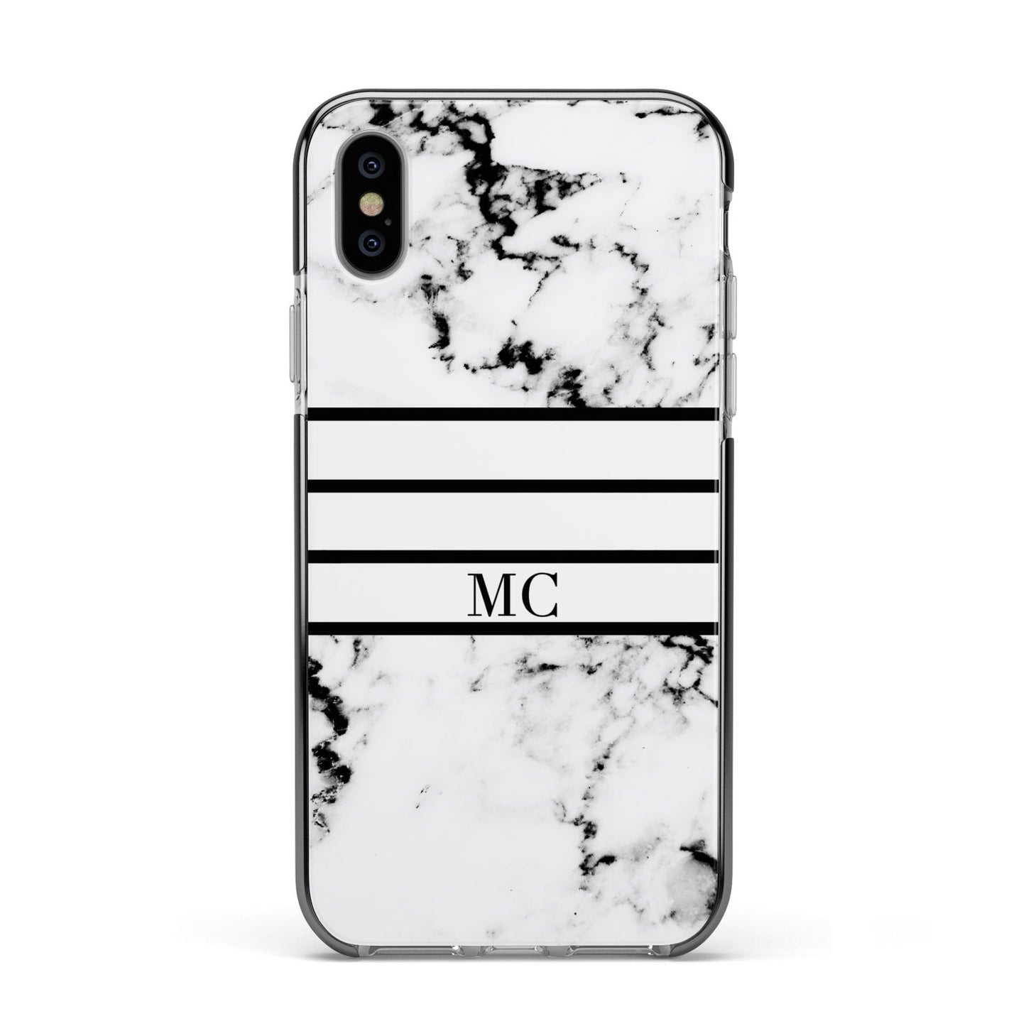 Marble Stripes Initials Personalised Apple iPhone Xs Impact Case Black Edge on Silver Phone