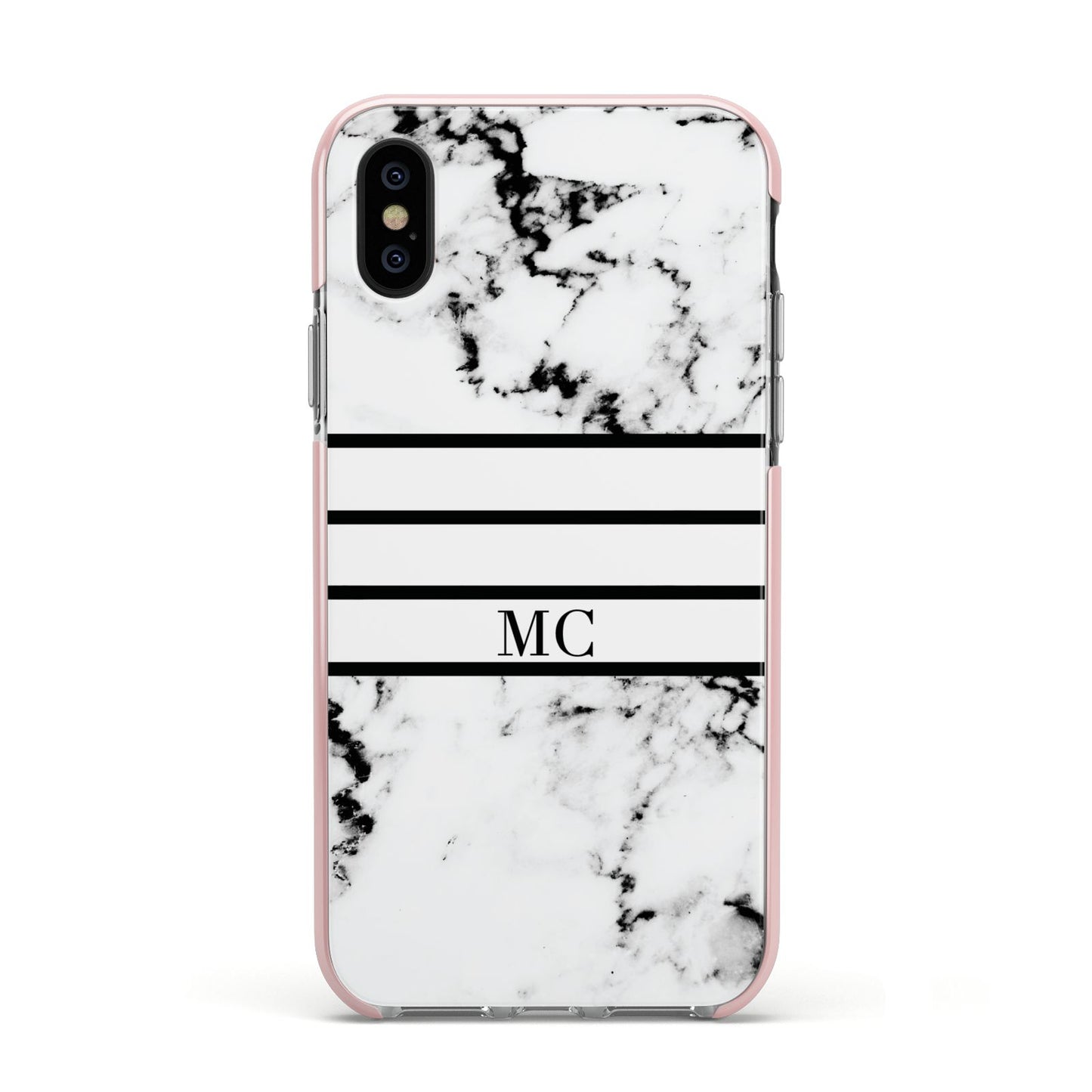 Marble Stripes Initials Personalised Apple iPhone Xs Impact Case Pink Edge on Black Phone