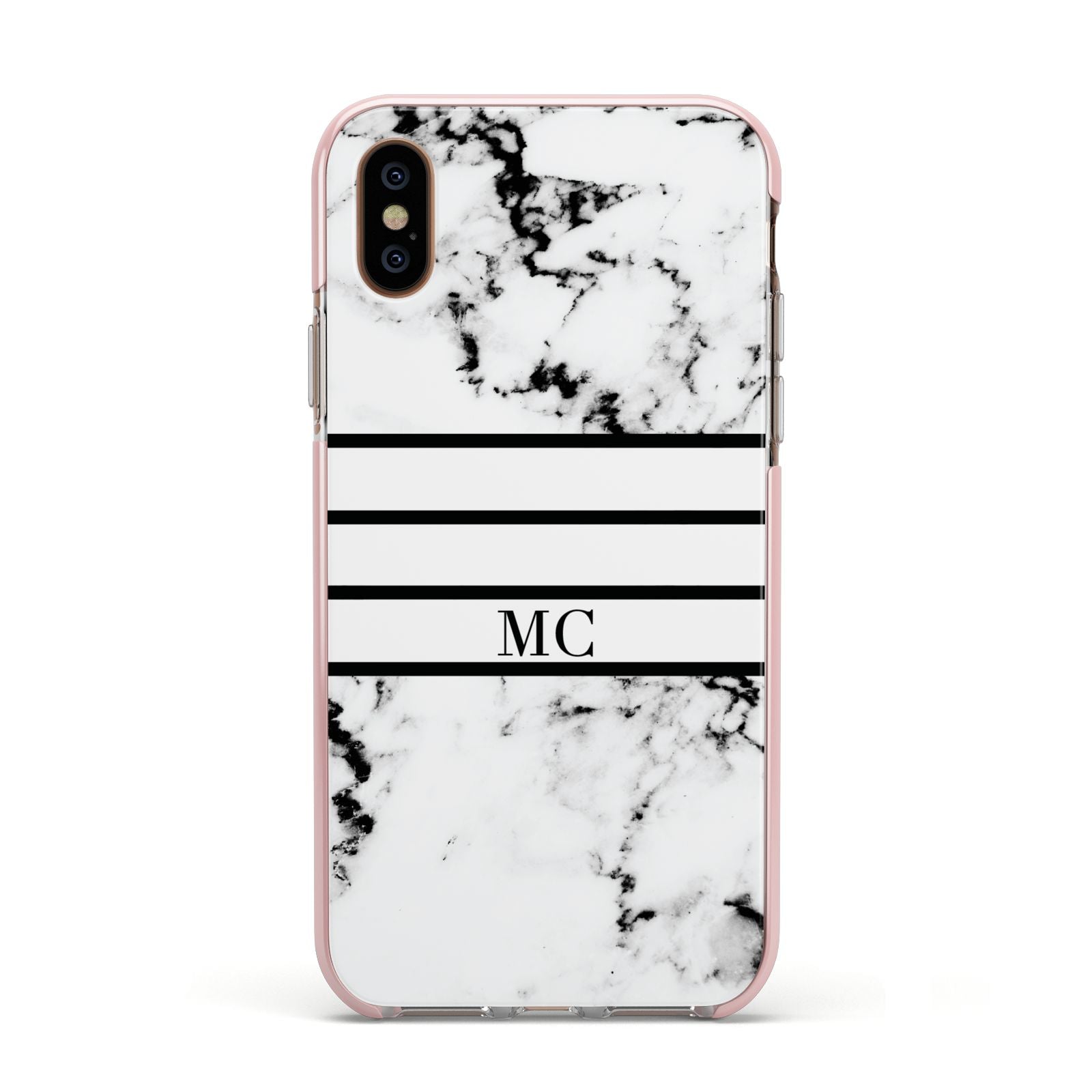 Marble Stripes Initials Personalised Apple iPhone Xs Impact Case Pink Edge on Gold Phone