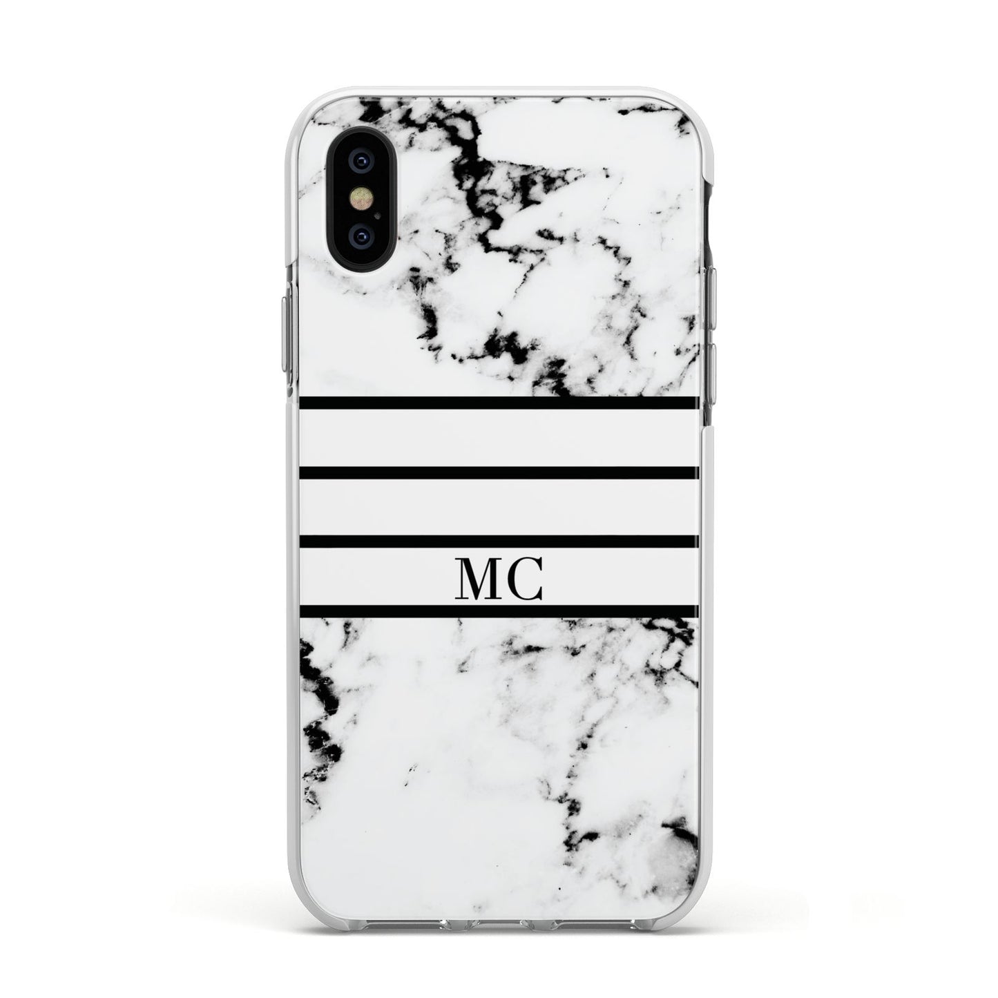 Marble Stripes Initials Personalised Apple iPhone Xs Impact Case White Edge on Black Phone