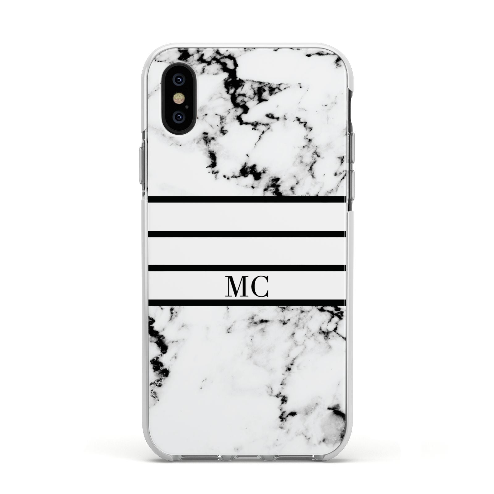 Marble Stripes Initials Personalised Apple iPhone Xs Impact Case White Edge on Black Phone