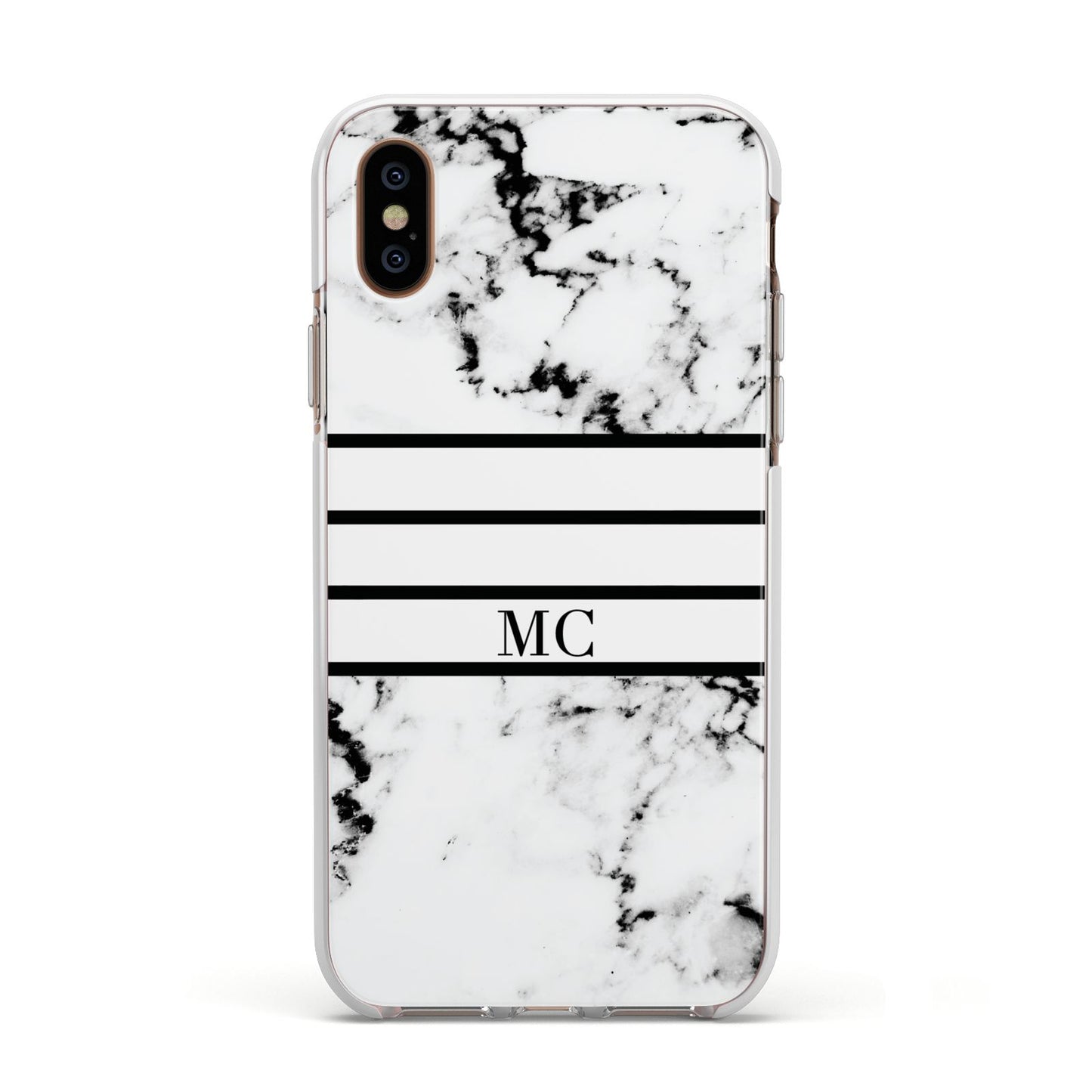 Marble Stripes Initials Personalised Apple iPhone Xs Impact Case White Edge on Gold Phone