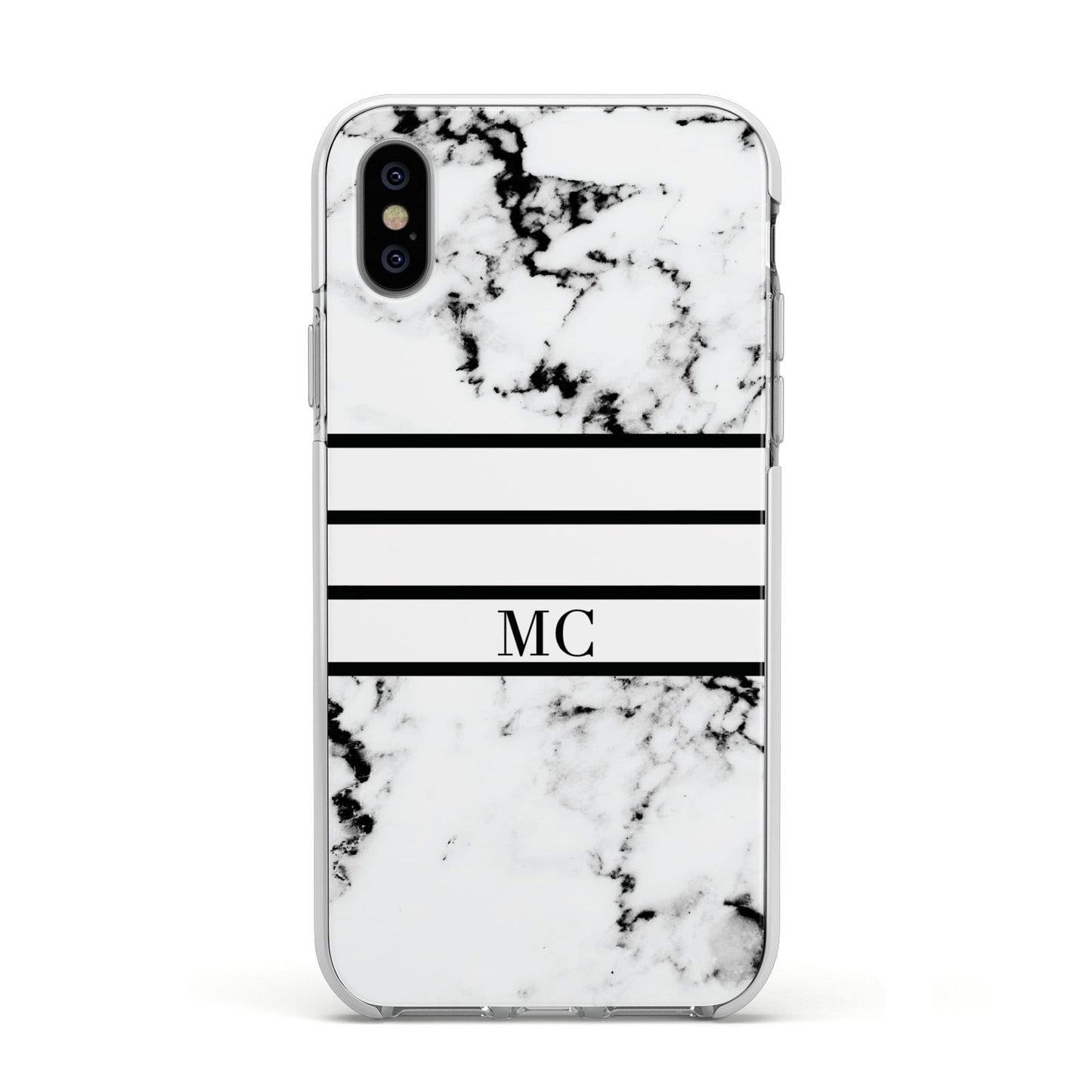 Marble Stripes Initials Personalised Apple iPhone Xs Impact Case White Edge on Silver Phone