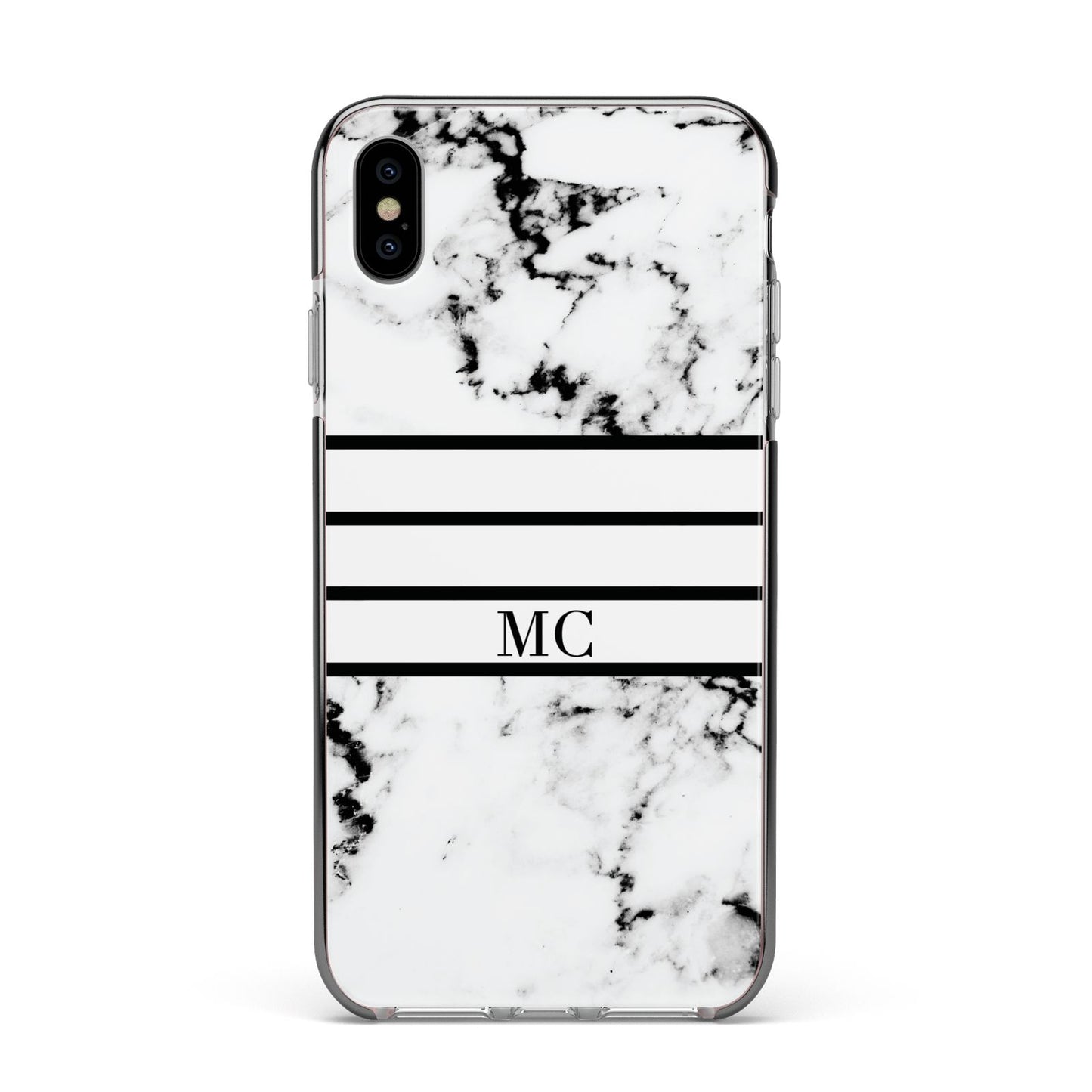 Marble Stripes Initials Personalised Apple iPhone Xs Max Impact Case Black Edge on Silver Phone