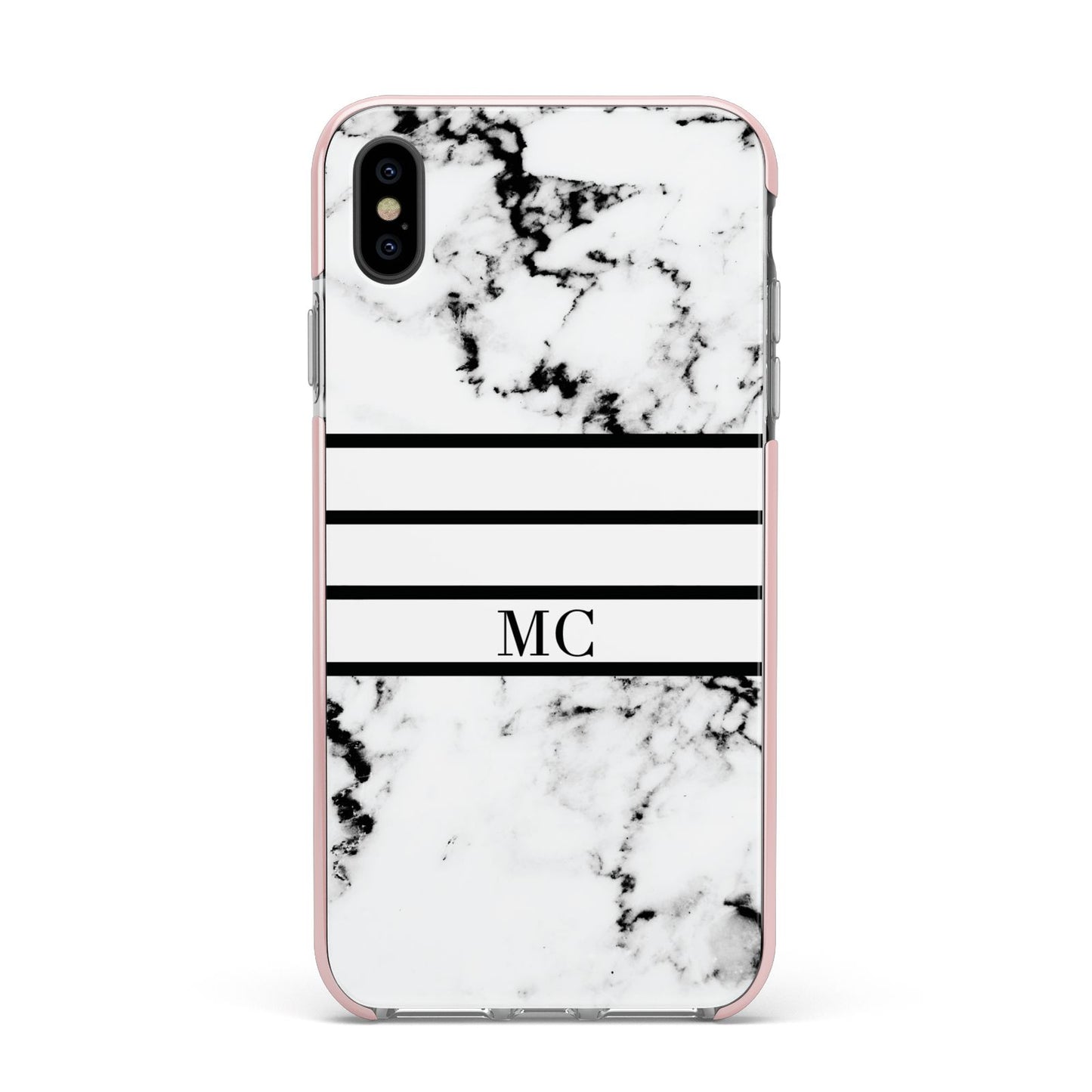 Marble Stripes Initials Personalised Apple iPhone Xs Max Impact Case Pink Edge on Black Phone