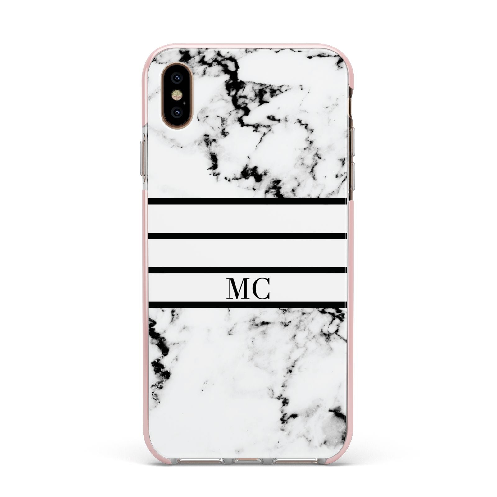 Marble Stripes Initials Personalised Apple iPhone Xs Max Impact Case Pink Edge on Gold Phone