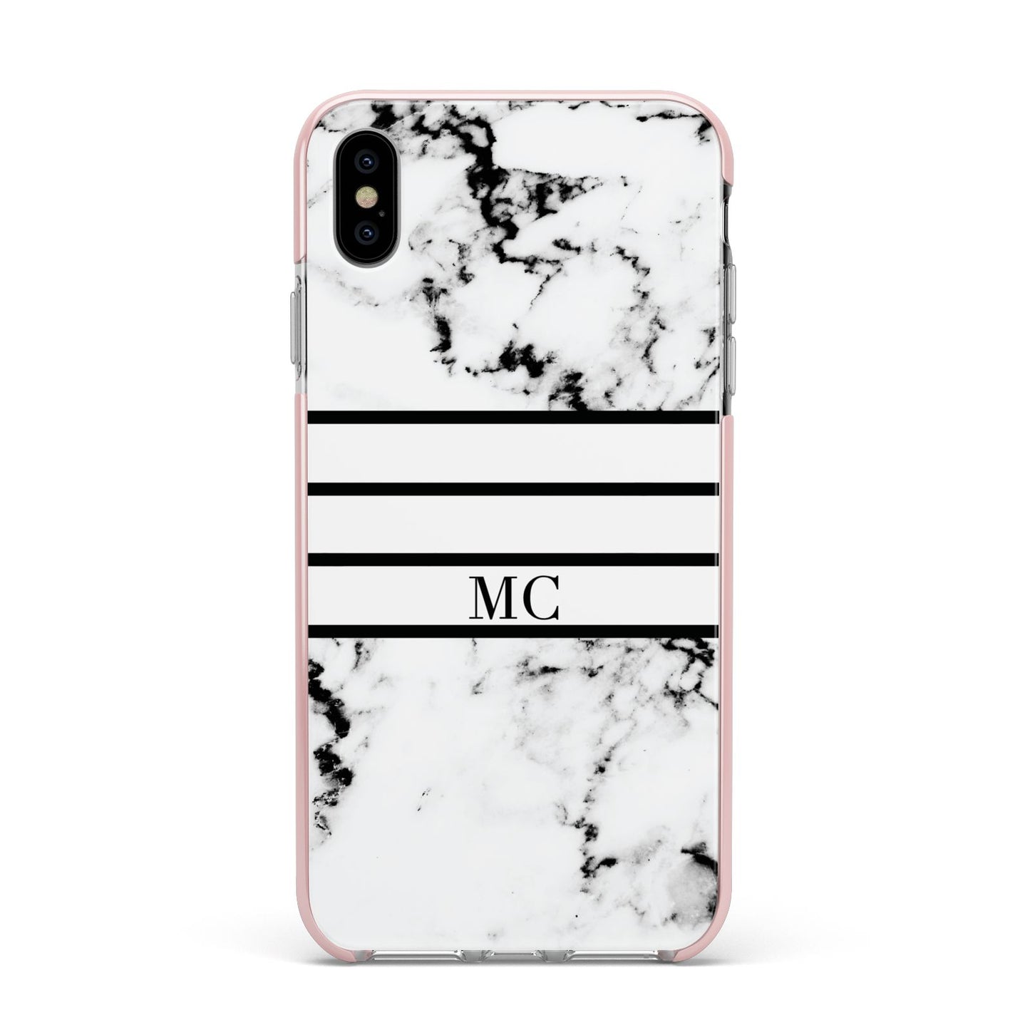 Marble Stripes Initials Personalised Apple iPhone Xs Max Impact Case Pink Edge on Silver Phone
